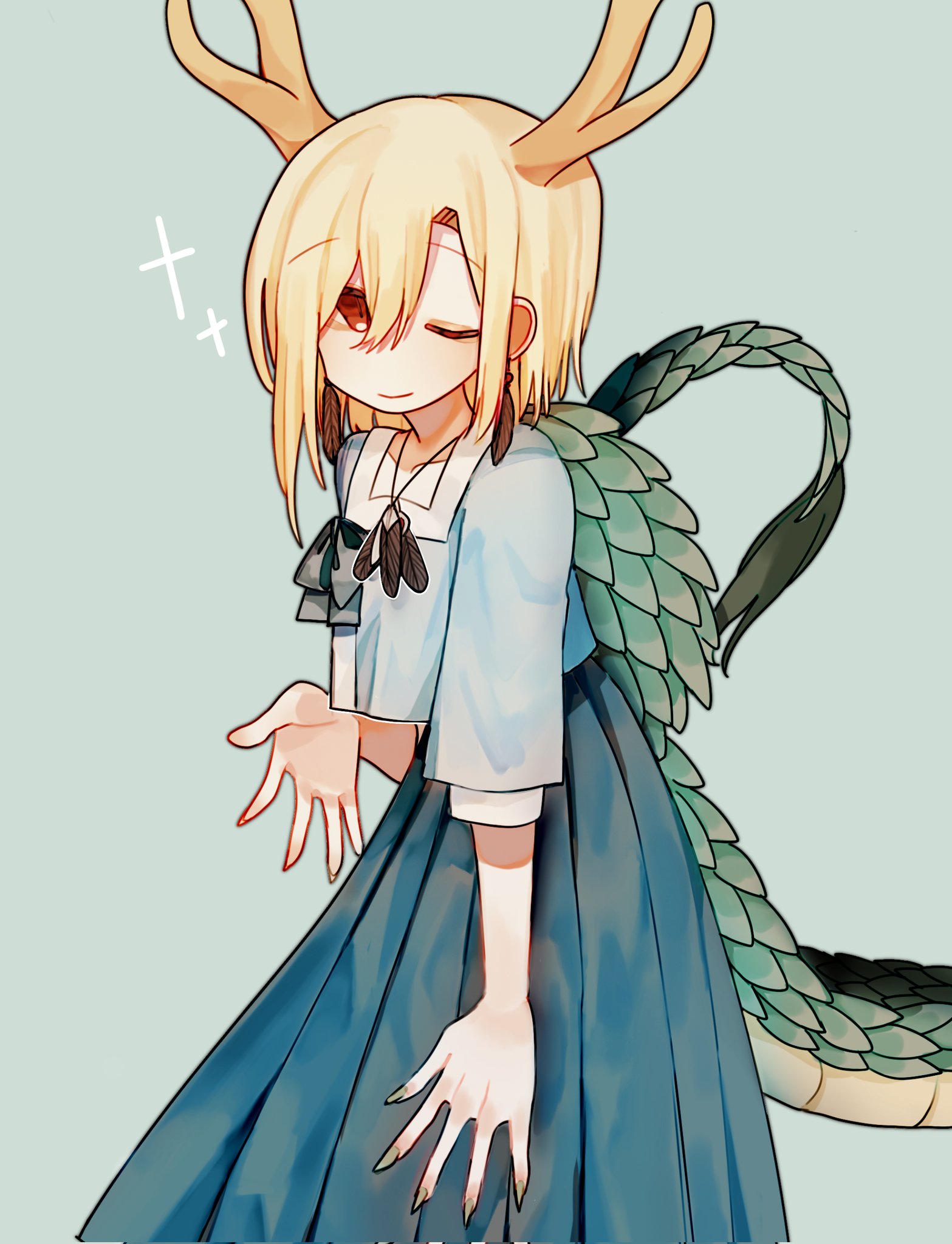yuejinlin, kicchou yachie, touhou, highres, 1girl, antlers, blonde hair, dragon tail, earrings, fingernails, green background, green skirt, horns, jewelry, long fingernails, looking at viewer, medium hair, one eye closed, red eyes, short sleeves, skirt, solo, tail