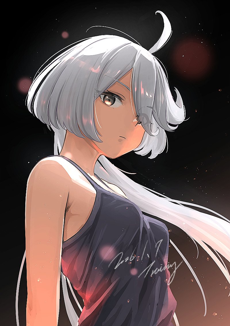 serike w, miorine rembran, gundam, gundam suisei no majo, commentary request, 1girl, ahoge, black camisole, black eyes, breasts, camisole, closed mouth, dated, grey hair, long hair, looking at viewer, signature, small breasts, solo, upper body