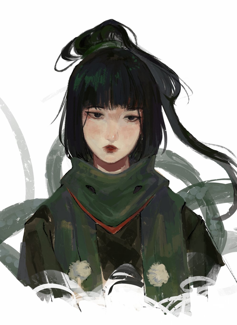 hatsburg, adagumo no yaorochi, len'en, highres, 1other, androgynous, asian, black eyes, black hair, black kimono, blunt bangs, closed mouth, coat, cropped torso, green coat, green scarf, grey scrunchie, hair ornament, hair scrunchie, high ponytail, japanese clothes, jinbaori, kimono, lipstick, long hair, long sleeves, makeup, multiple tails, nostrils, other focus, pom pom (clothes), ponytail, realistic, red lips, red scarf, scarf, scrunchie, simple background, snake tail, solo, tail, thick eyebrows, very long hair, wavy hair, white background
