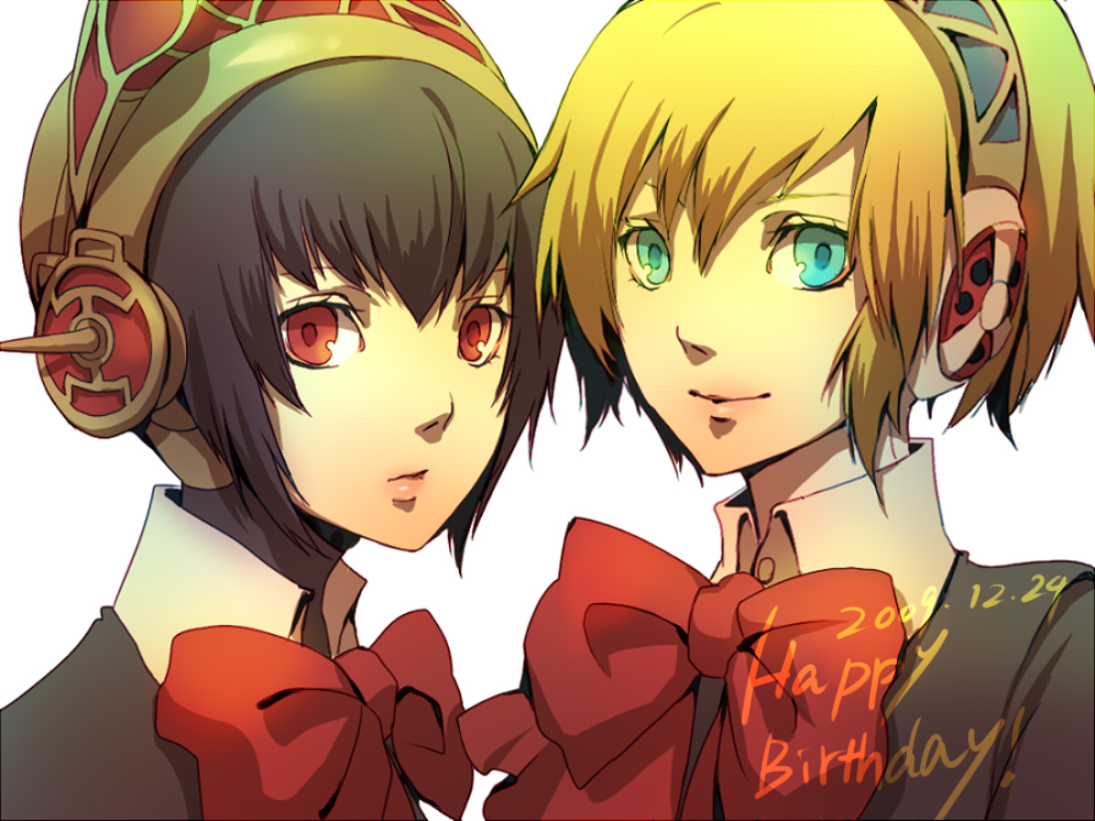 senano-yu, aigis (persona), metis (persona), atlus, persona, persona 3, persona 3 the answer, bad id, bad pixiv id, 2girls, android, birthday, black hair, blonde hair, blue eyes, bow, hairband, lips, multiple girls, red eyes, ribbon, school uniform, short hair, smile