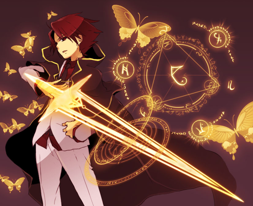 yuzu juncgr, ushiromiya battler, umineko no naku koro ni, 00s, 1boy, bug, butterfly, magic circle, male focus, red eyes, red hair, short hair, solo, sword, weapon