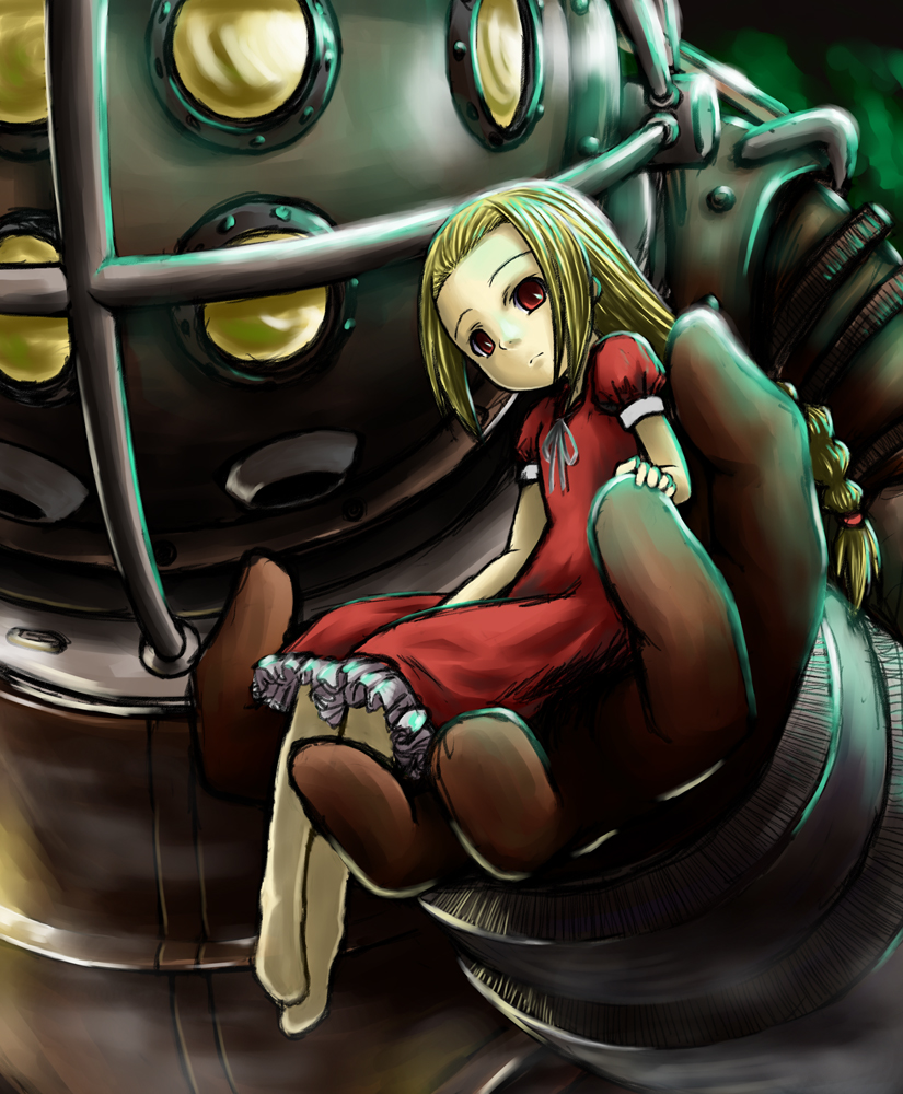 kotokane hajime, big daddy (bioshock), little sister (bioshock), bioshock, bioshock (series), bioshock 1, 1girl, blonde hair, braid, diving suit, dress, in palm, long hair, red eyes, sitting