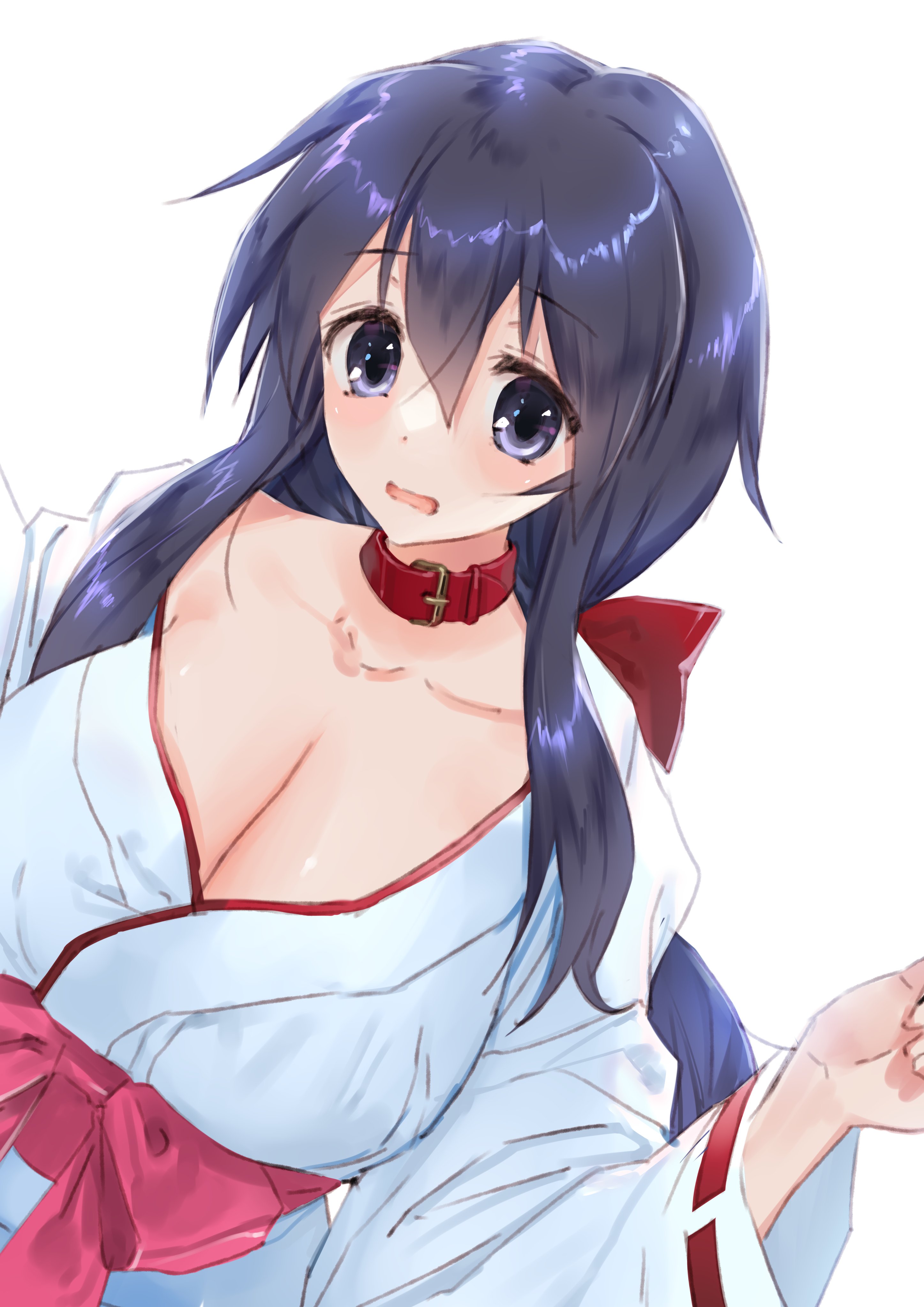 kishida mel, absurdres, commentary request, commission, copyright request, highres, skeb commission, 1girl, black eyes, black hair, blush, breasts, cleavage, japanese clothes, kimono, large breasts, long hair, miko, open mouth, simple background, solo, white background