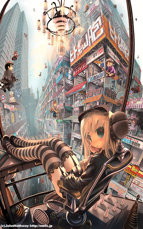 john hathway, original, 1girl, blonde hair, bow, broom, broom riding, building, cityscape, fisheye, flying, garter straps, hair bow, legs, long hair, looking back, sitting, socks, solo focus, striped clothes, striped thighhighs, thighhighs
