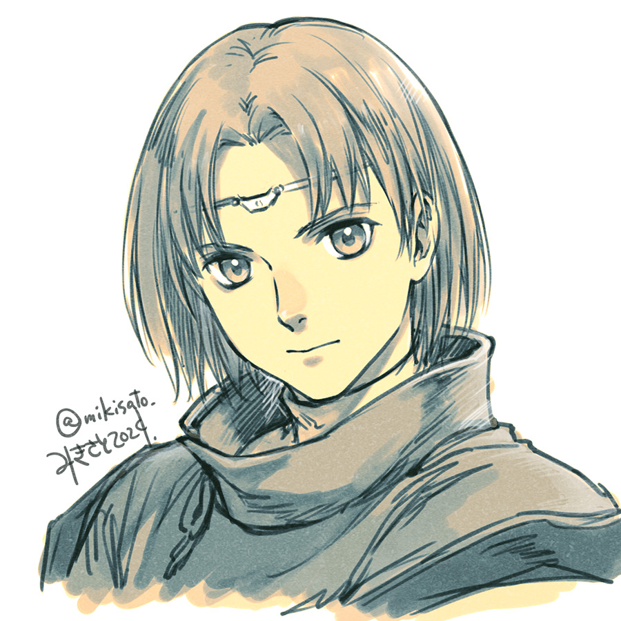 mikisato, luc (suikoden), gensou suikoden, 1boy, closed mouth, greyscale, looking at viewer, male focus, monochrome, short hair, simple background, solo, white background