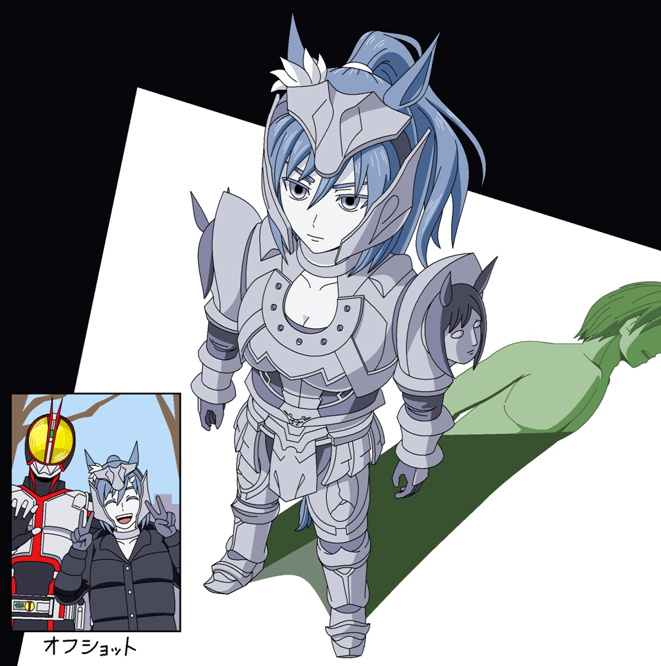 redol, horse orphnoch, kamen rider faiz, kamen rider, kamen rider 555, umamusume, commentary request, 1girl, 2boys, animal ears, armor, breasts, cleavage, collarbone, different shadow, double v, grey eyes, grey hair, horse ears, horse girl, horse tail, kiba yuji, large breasts, long hair, multiple boys, orphnoch (555), pale skin, parody, personification, ponytail, standing, sweater, tail, v
