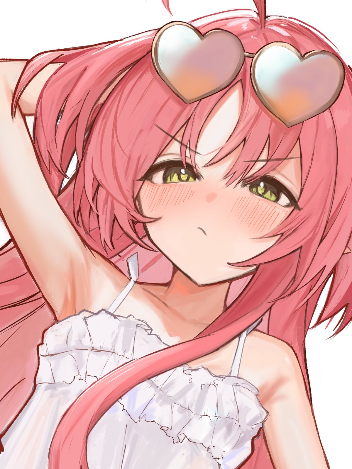 ha (huton in mach), myrtle (arknights), arknights, commentary, highres, 1girl, arm behind head, arm up, bare shoulders, camisole, closed mouth, eyewear on head, green eyes, hair between eyes, heart, heart-shaped eyewear, long hair, looking at viewer, pink hair, simple background, solo, upper body, v-shaped eyebrows, white background, white camisole