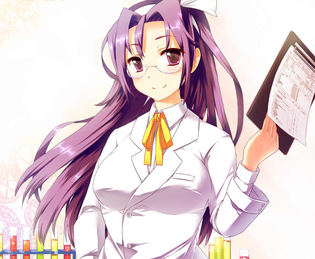 blue vert, asakura rikako, phantasmagoria of dim.dream, touhou, touhou (pc-98), 1girl, blouse, chart, clipboard, closed lab coat, female focus, glasses, hairband, lab coat, long hair, purple eyes, purple hair, ribbon, scientist, shirt, smile, solo, test tube, white background, white shirt