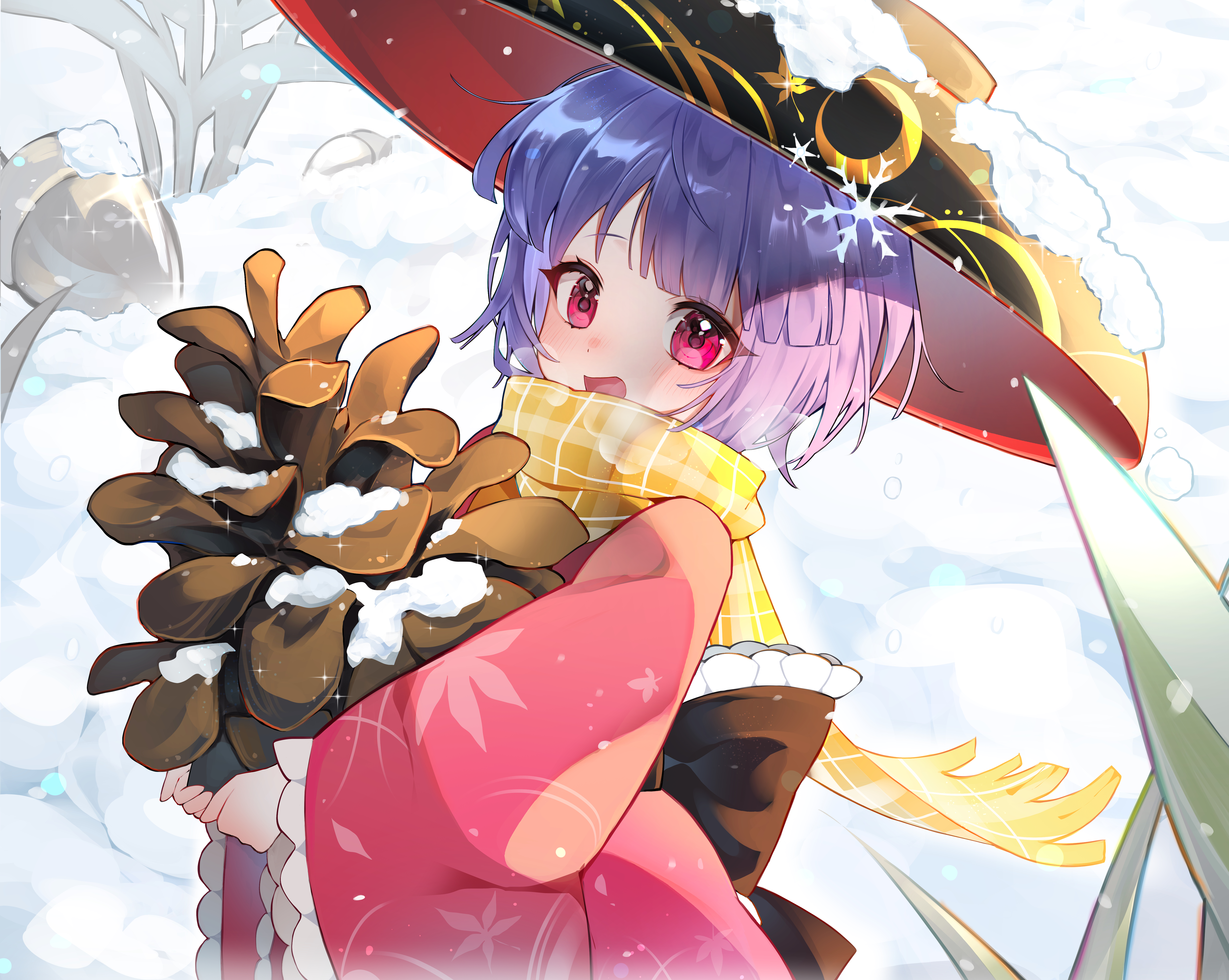 samon (vxxr8575), sukuna shinmyoumaru, touhou, absurdres, commentary, highres, 1girl, bowl, bowl hat, breath, frilled sleeves, frills, hat, holding, japanese clothes, kimono, long sleeves, looking at viewer, mini person, minigirl, open mouth, outdoors, pinecone, pink eyes, pink kimono, plaid clothes, plaid scarf, purple hair, scarf, smile, snow, snow on headwear, snowflakes, solo, wide sleeves, winter, yellow scarf