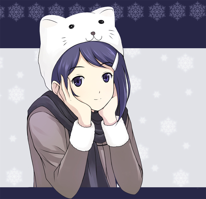 onion (lemlaml), mizutani eri, idolmaster, idolmaster dearly stars, bad id, bad pixiv id, 00s, 1girl, :3, animal hat, blue eyes, blue hair, female focus, hair ornament, hairclip, hat, head rest, matching hair/eyes, scarf, solo