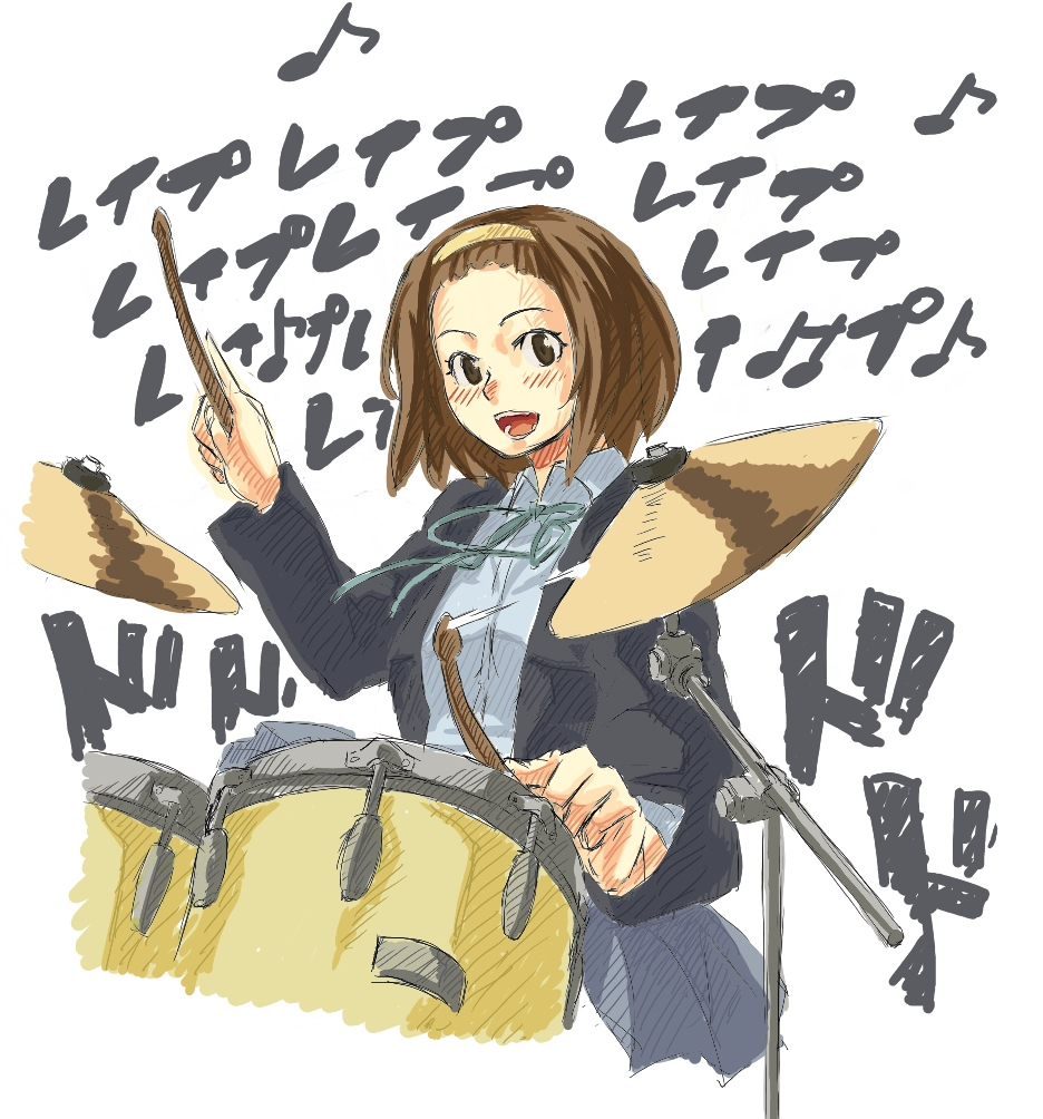 ringo (artist), tainaka ritsu, detroit metal city, k-on!, 1girl, blush, brown eyes, brown hair, drum, female focus, hairband, instrument, music, musical note, parody, school uniform, singing, solo, white background