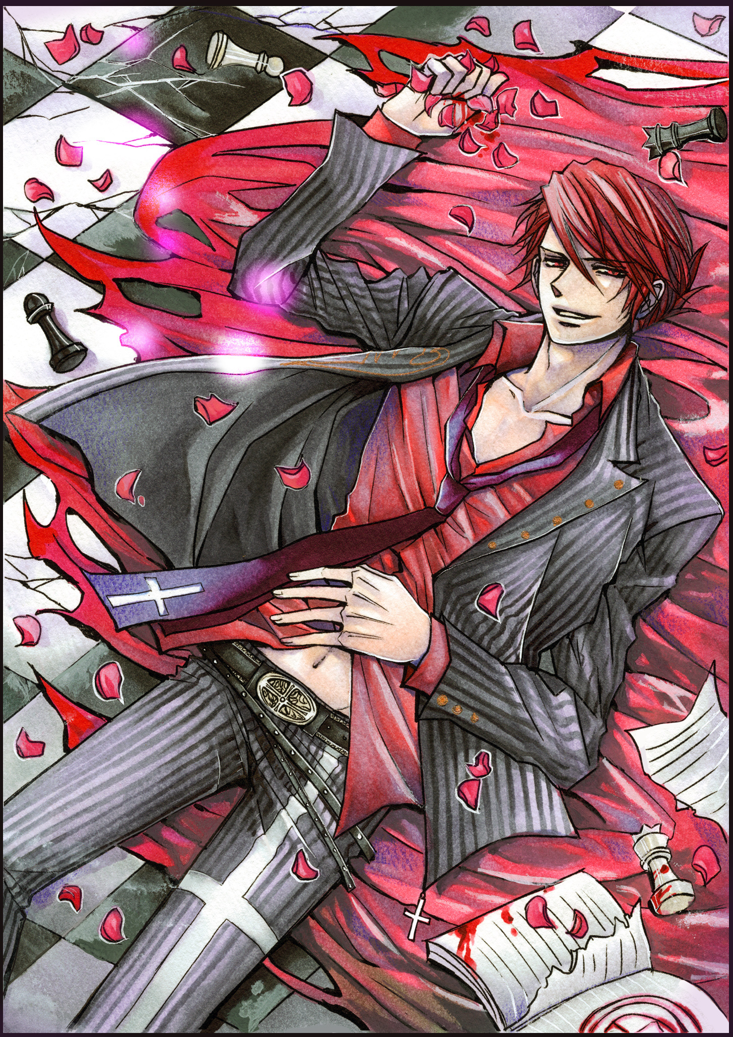 kaoru, noppo, ushiromiya battler, umineko no naku koro ni, highres, 00s, board game, book, chess, formal clothes, lying, male focus, necktie, petals, red eyes, red hair, smile, suit
