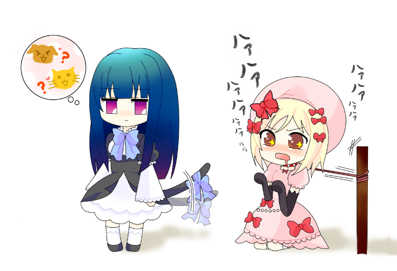 frederica bernkastel, lambdadelta, umineko no naku koro ni, 00s, blue hair, cat, chibi, collar, dog, dress, elbow gloves, gloves, pink dress, purple hair, tail