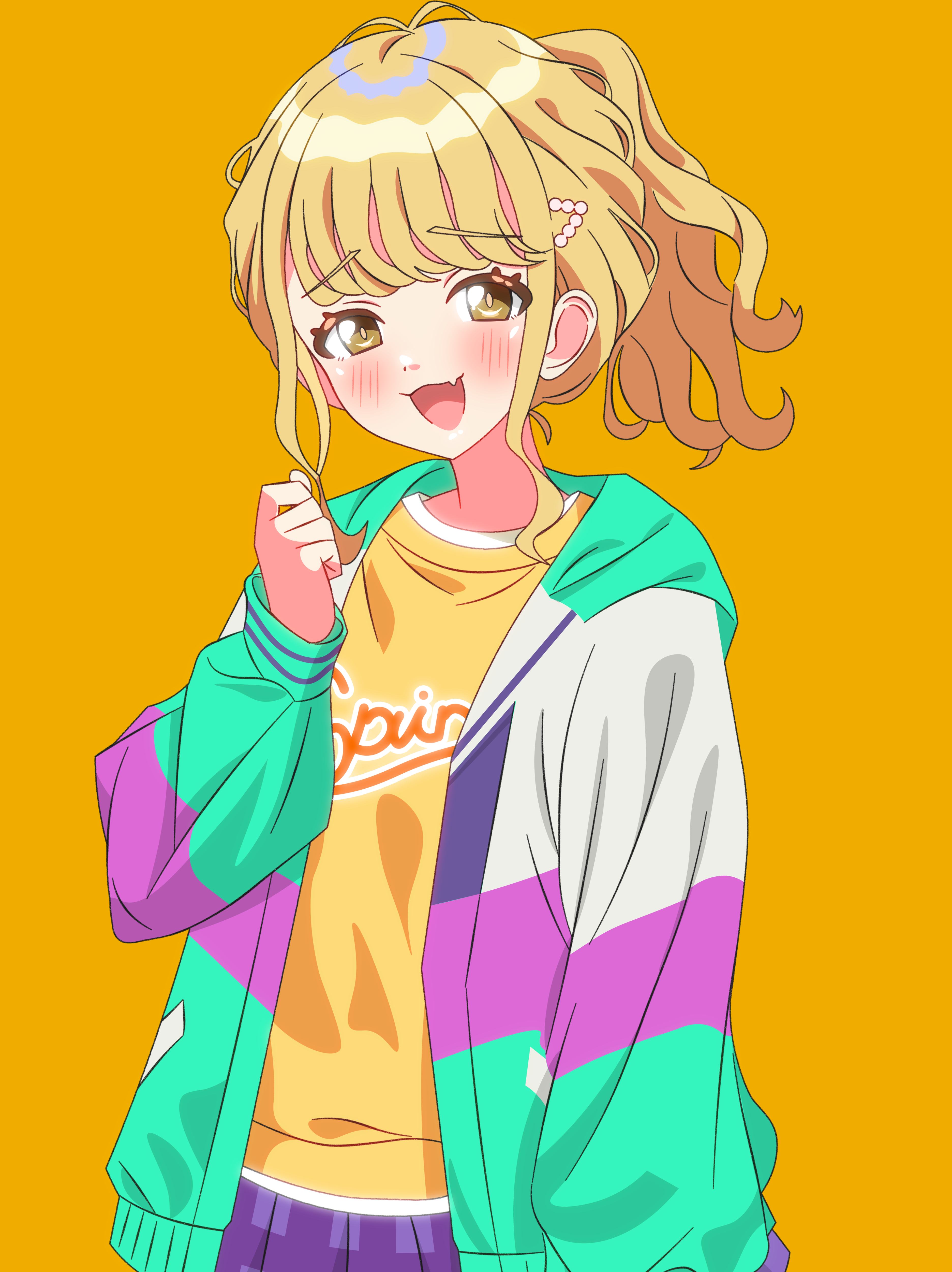 shinonome sakura, fujita kotone, gakuen idolmaster, idolmaster, absurdres, commentary request, highres, 1girl, alternate hairstyle, blonde hair, blue skirt, blush, fang, jacket, long hair, looking at viewer, multicolored jacket, open clothes, open jacket, orange background, plaid clothes, plaid skirt, pleated skirt, ponytail, shirt, simple background, skin fang, skirt, smile, solo, yellow eyes, yellow shirt