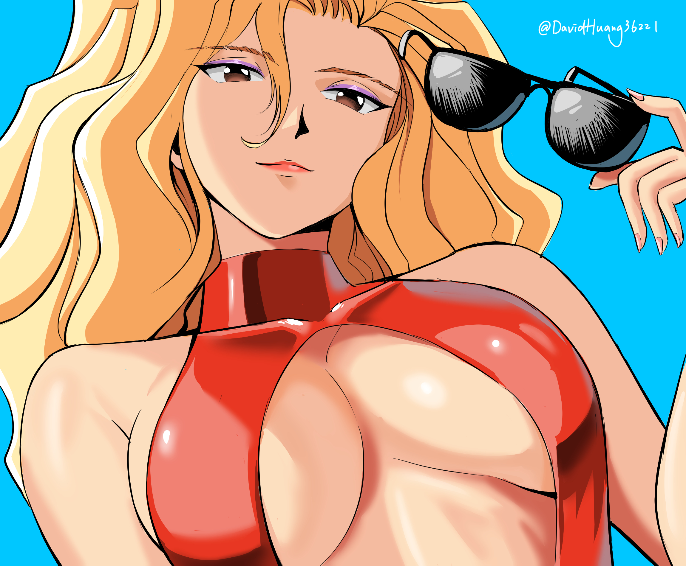 david huang, onna shachou, golden boy, commentary request, highres, 1girl, bare shoulders, blonde hair, bodysuit, breasts, brown eyes, center opening, large breasts, lipstick, long hair, looking at viewer, makeup, mature female, red bodysuit, solo, sunglasses, swimsuit, wavy hair