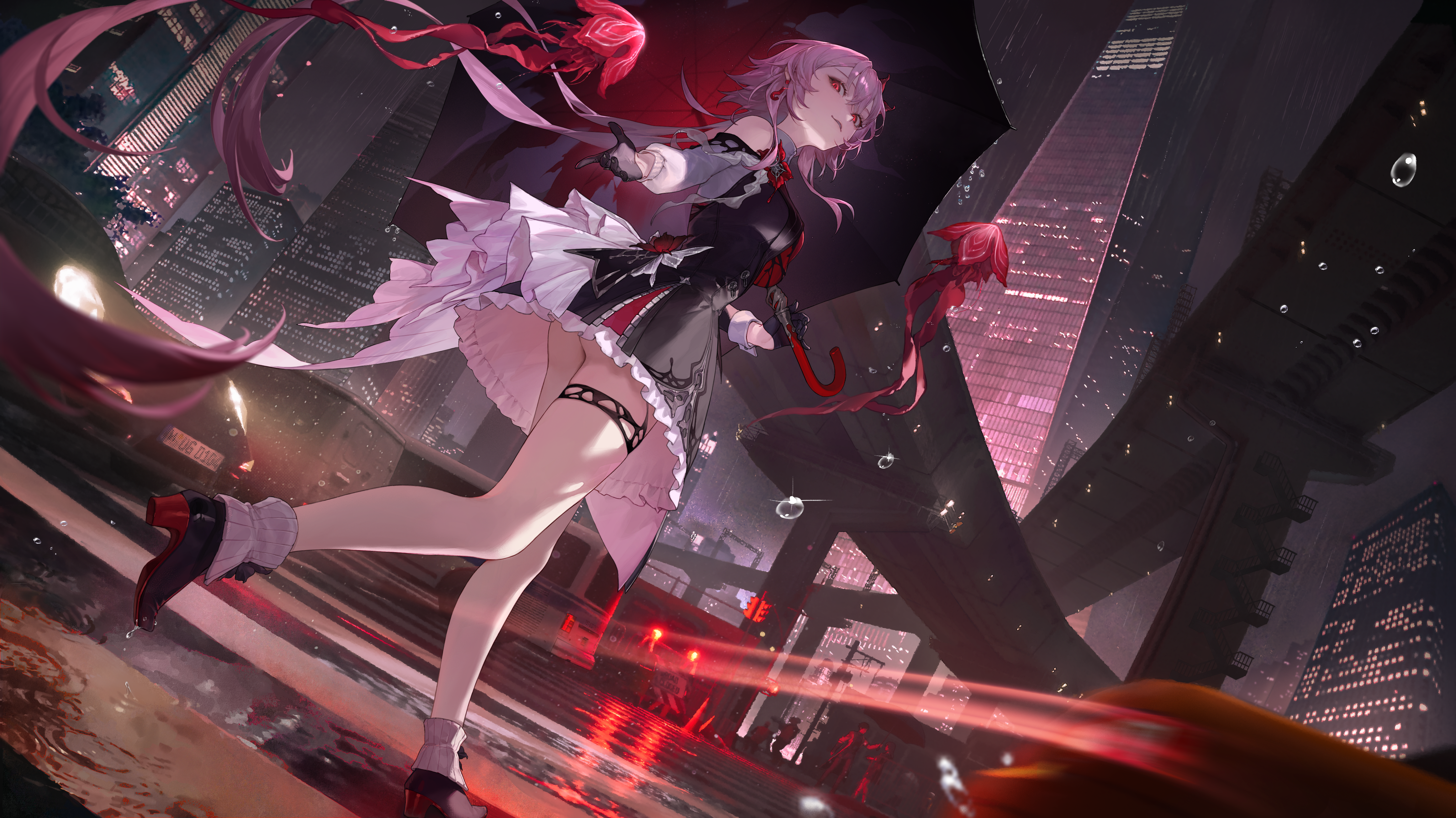 00suger001, evernight (honkai: star rail), march 7th (honkai: star rail), honkai: star rail, honkai (series), absurdres, highres, 1girl, breasts, building, cityscape, dress, earrings, evey (honkai: star rail), full body, gloves, holding, holding umbrella, jewelry, layered dress, legs, long hair, medium breasts, outdoors, pink hair, red eyes, shoes, single earring, solo focus, thigh strap, umbrella, very long hair, water drop