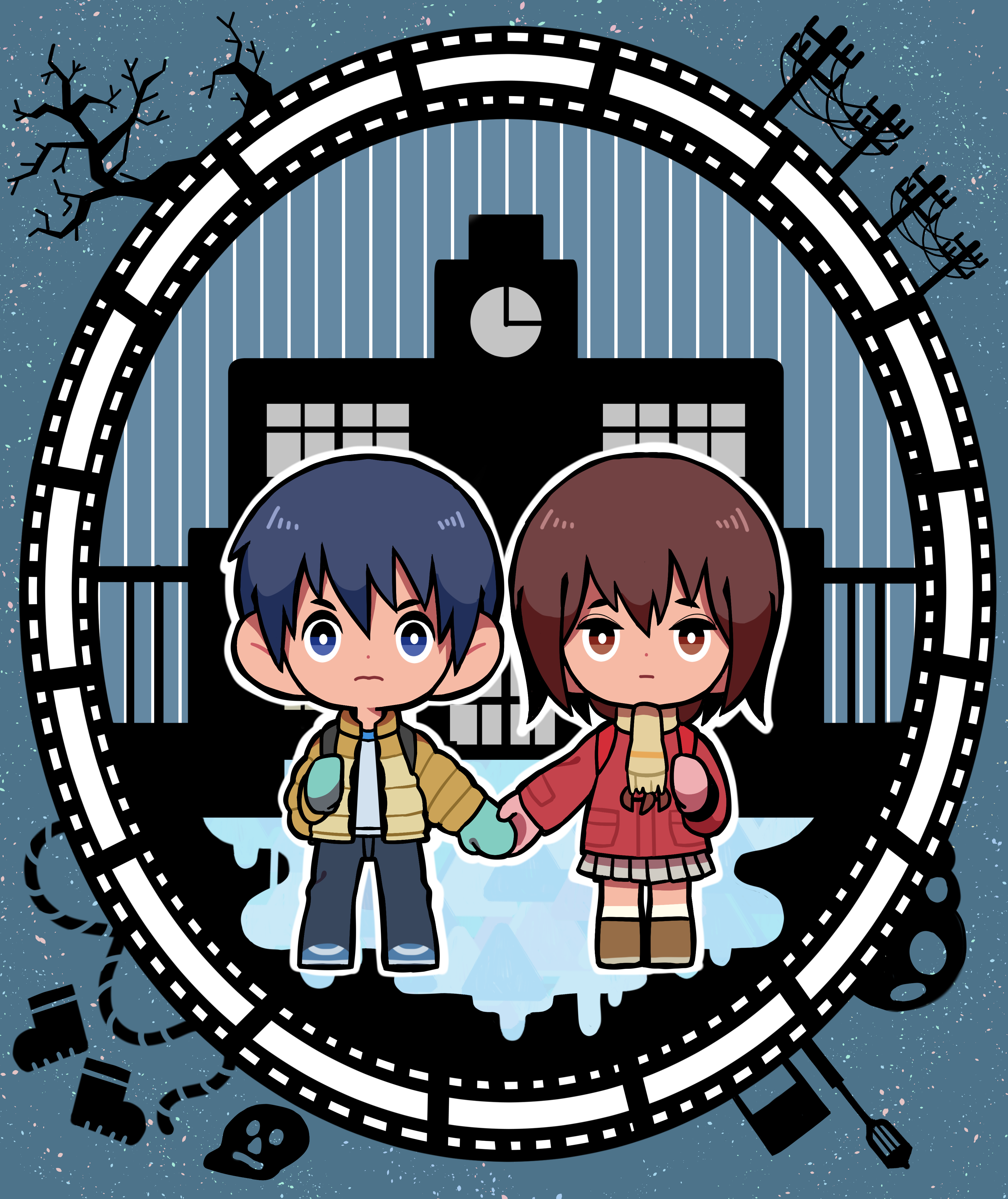 at1059, fujinuma satoru, hinazuki kayo, boku dake ga inai machi, absurdres, commentary request, highres, 1boy, 1girl, blue hair, blue mittens, blue pants, bright pupils, brown eyes, brown jacket, chibi, chibi only, closed mouth, coat, full body, grey skirt, holding hands, jacket, looking at viewer, mittens, pants, pink mittens, pleated skirt, red coat, scarf, school, short hair, skirt, utility pole, white pupils, yellow scarf