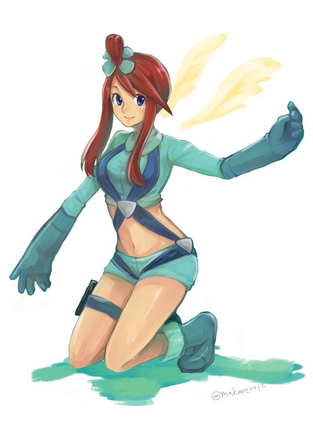 skyla (pokemon), nintendo, pokemon, pokemon bw, 1girl, blue eyes, boots, breasts, crop top, gloves, large breasts, long hair, long sleeves, makarero12, midriff, red hair, shorts, sitting, thigh strap, wings