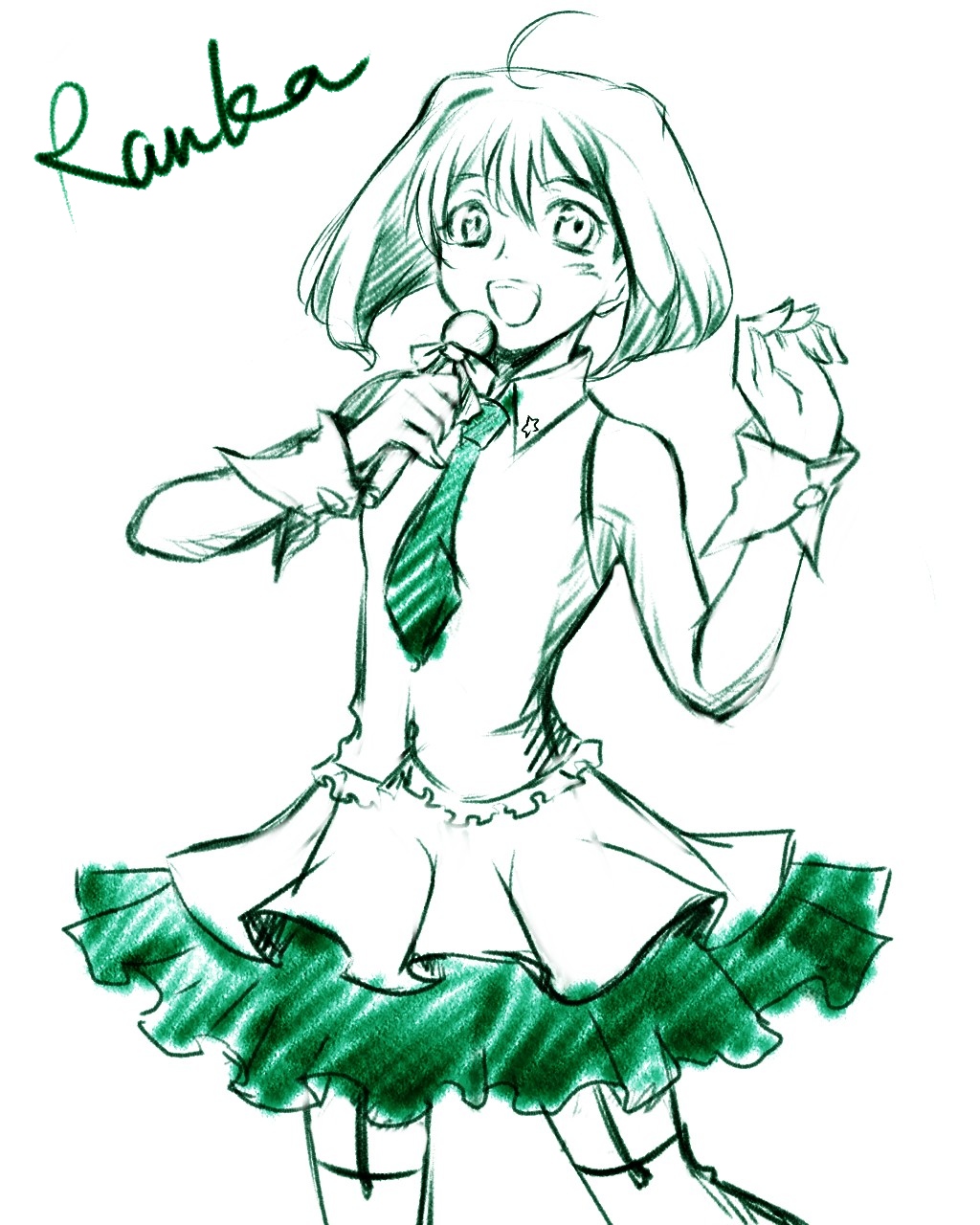 ranka lee, macross, macross frontier, artist request, highres, 00s, 1girl, bare shoulders, female focus, microphone, monochrome, necktie, short hair, sketch, skirt, sleeveless, solo, thighhighs, white background, wrist cuffs