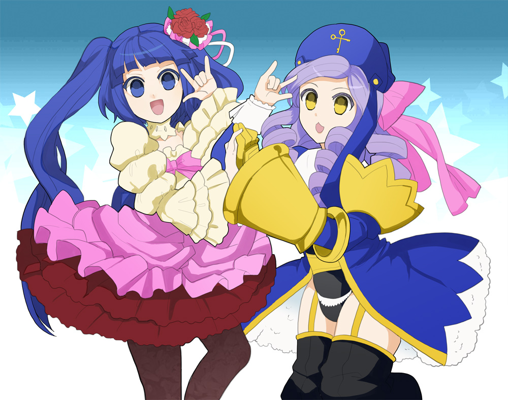 tiihatanono, dlanor a. knox, eiserne jungfrau, furudo erika, umineko no naku koro ni, bad id, bad pixiv id, 00s, 2girls, m/, blue eyes, blue hair, bow, dress, drill hair, hat, multiple girls, pantyhose, pink bow, thighhighs, twintails, yellow eyes