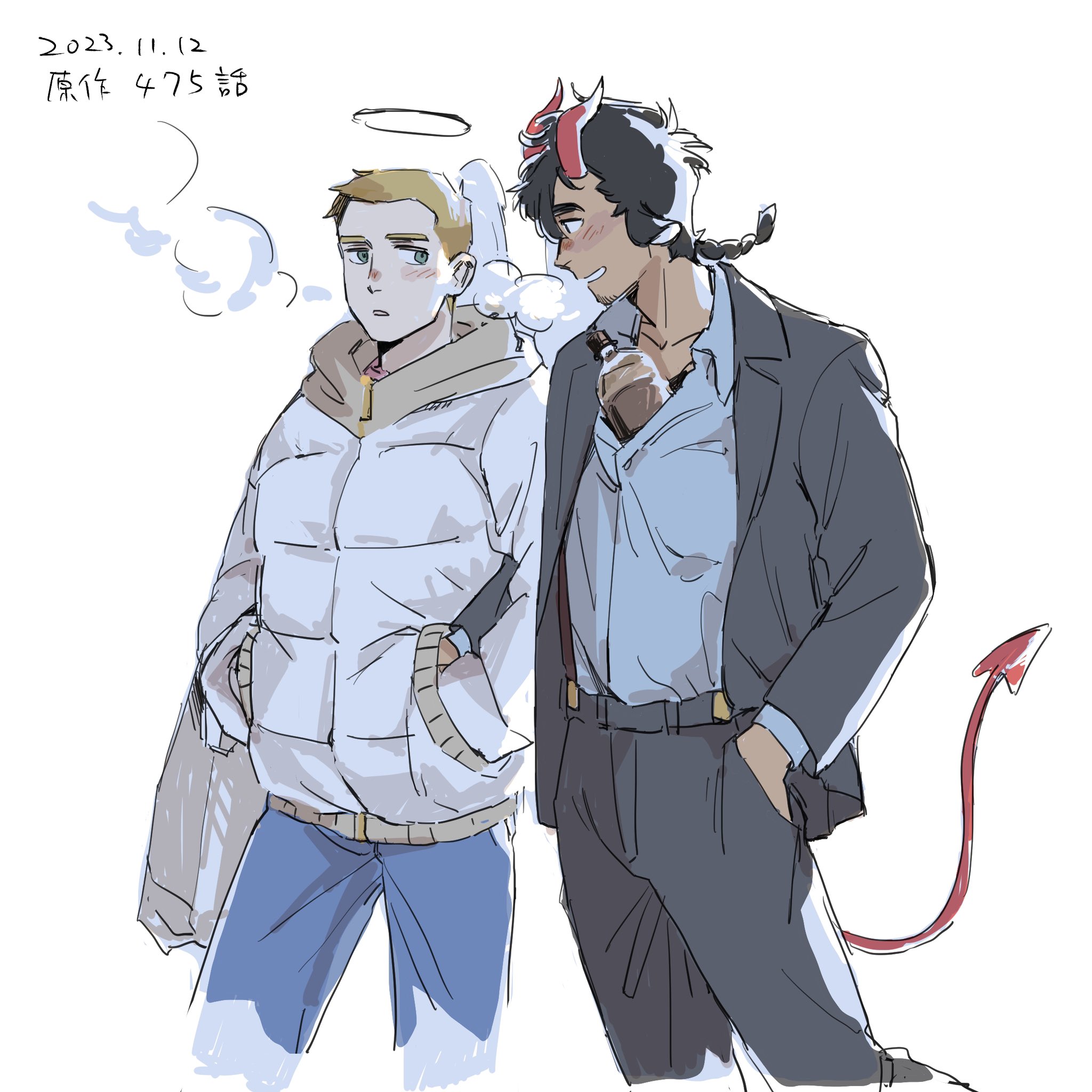 tensoba20230223, lynn angel, nick holt, all saints street, commentary request, highres, translation request, 2boys, black hair, blue pants, blush, bottle, braid, breath, brown hair, coat, demon horns, demon tail, grey coat, grey pants, halo, hand in pocket, horns, locked arms, looking at another, male focus, multiple boys, pants, soda bottle, tail, traditional halo, winter clothes, yaoi
