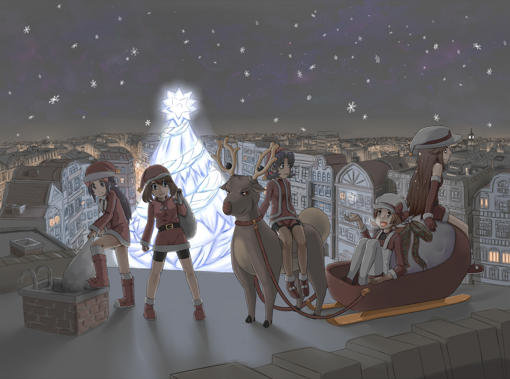 nyonn24, dawn (pokemon), kris (pokemon), leaf (pokemon), lyra (pokemon), may (pokemon), stantler, nintendo, pokemon, pokemon dppt, pokemon frlg, pokemon gsc, pokemon hgss, pokemon rse, bad id, bad pixiv id, highres, 00s, 1990s (style), 5girls, alternate headwear, brown ribbon, christmas, christmas tree, city, gen 2 pokemon, hat, hat ribbon, multiple girls, night, pokemon (creature), retro artstyle, ribbon, sack, santa costume, sky, sleigh, snow, snowflakes