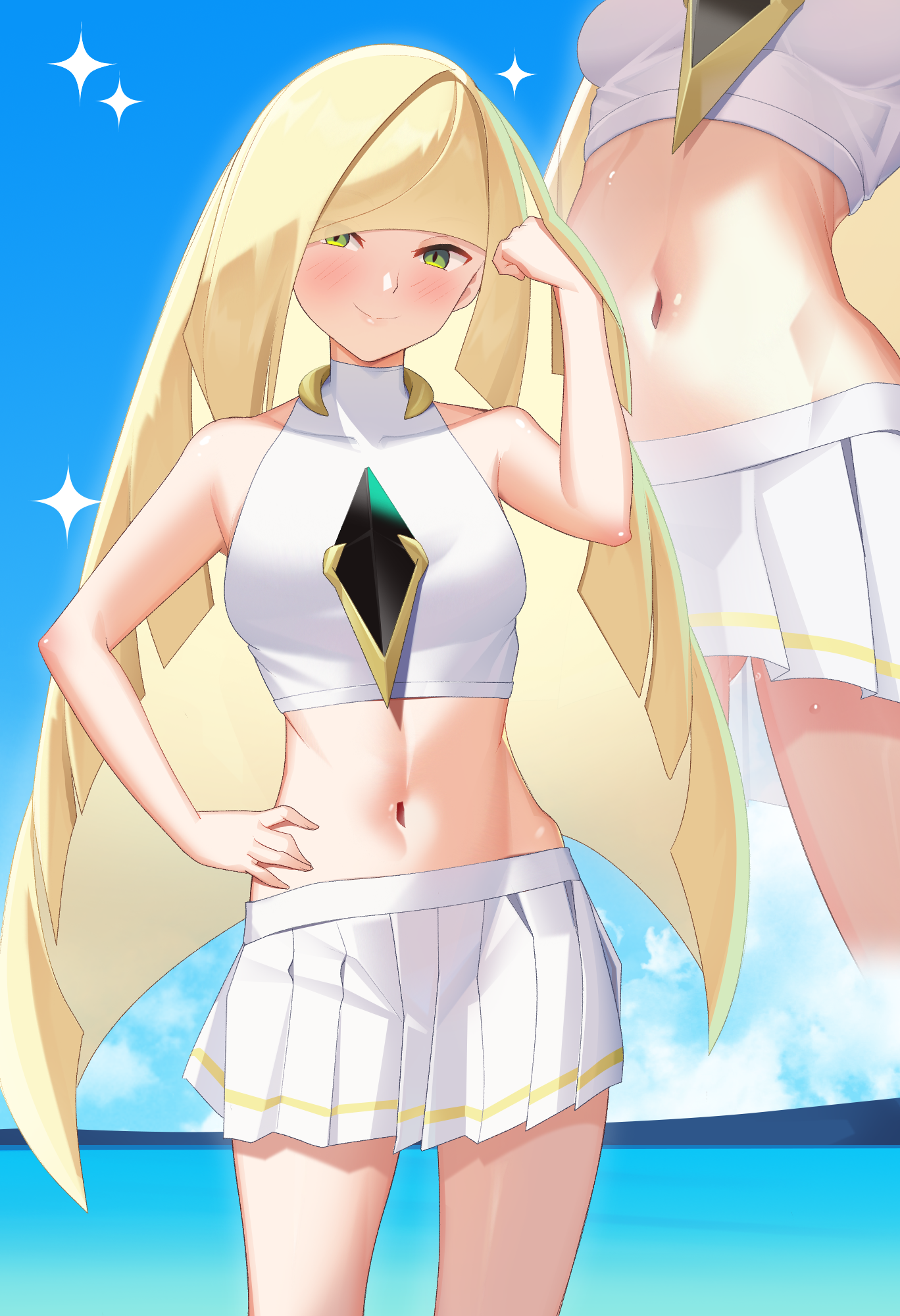 gazing eye, lusamine (pokemon), nintendo, pokemon, pokemon (anime), commentary, english commentary, highres, 1girl, bare shoulders, blonde hair, blush, breasts, closed mouth, crop top, green eyes, hand on own hip, long hair, looking at viewer, medium breasts, midriff, pleated skirt, shirt, skirt, smile, solo, very long hair, white shirt, white skirt