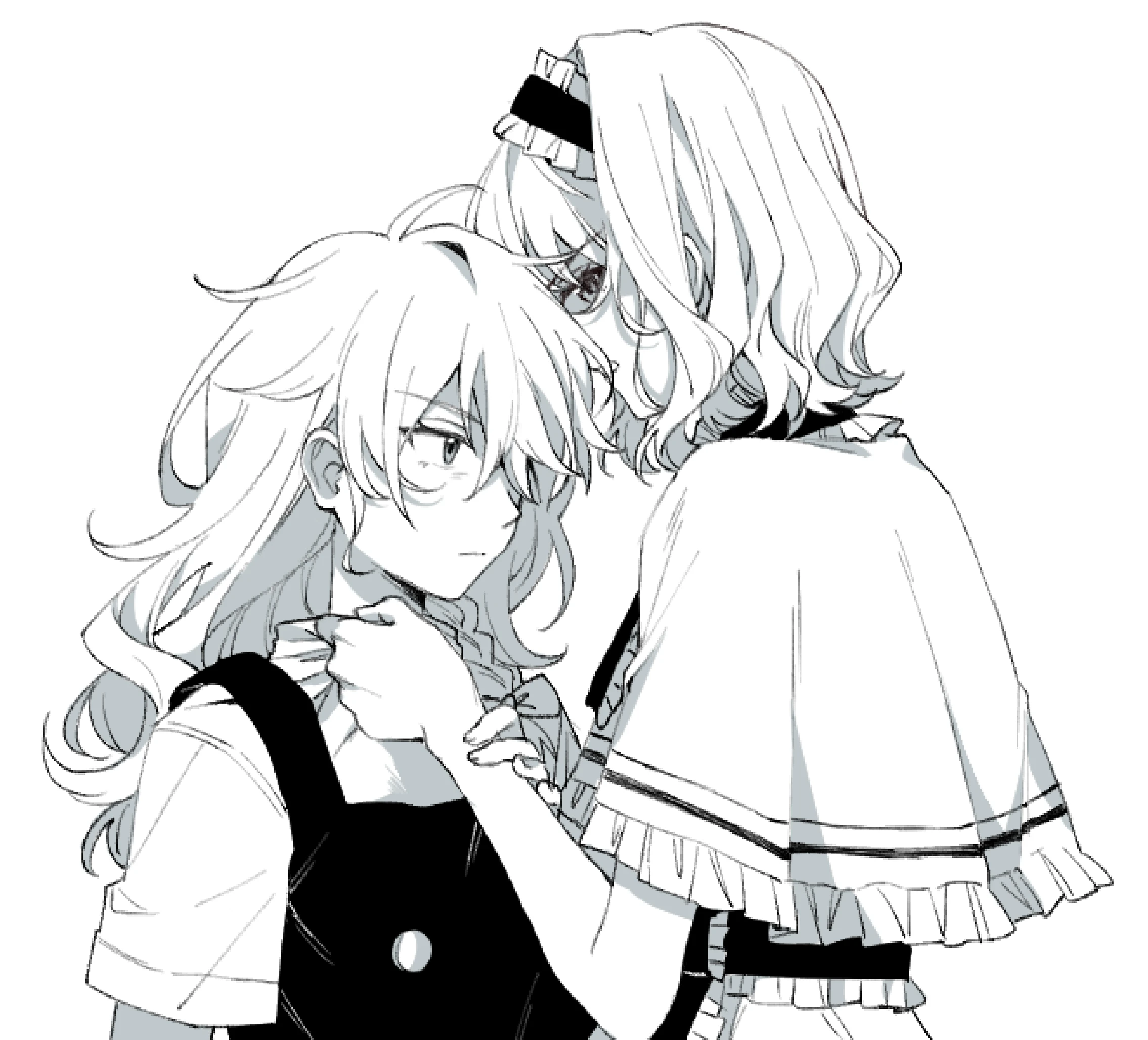 hitte5416, alice margatroid, kirisame marisa, touhou, chinese commentary, commentary request, highres, 2girls, angry, bow, braid, capelet, closed mouth, clothes grab, collar grab, dress, frilled hairband, frills, greyscale, hair bow, hairband, hand on another's wrist, lolita hairband, monochrome, multiple girls, neckwear grab, side braid, single braid, vest