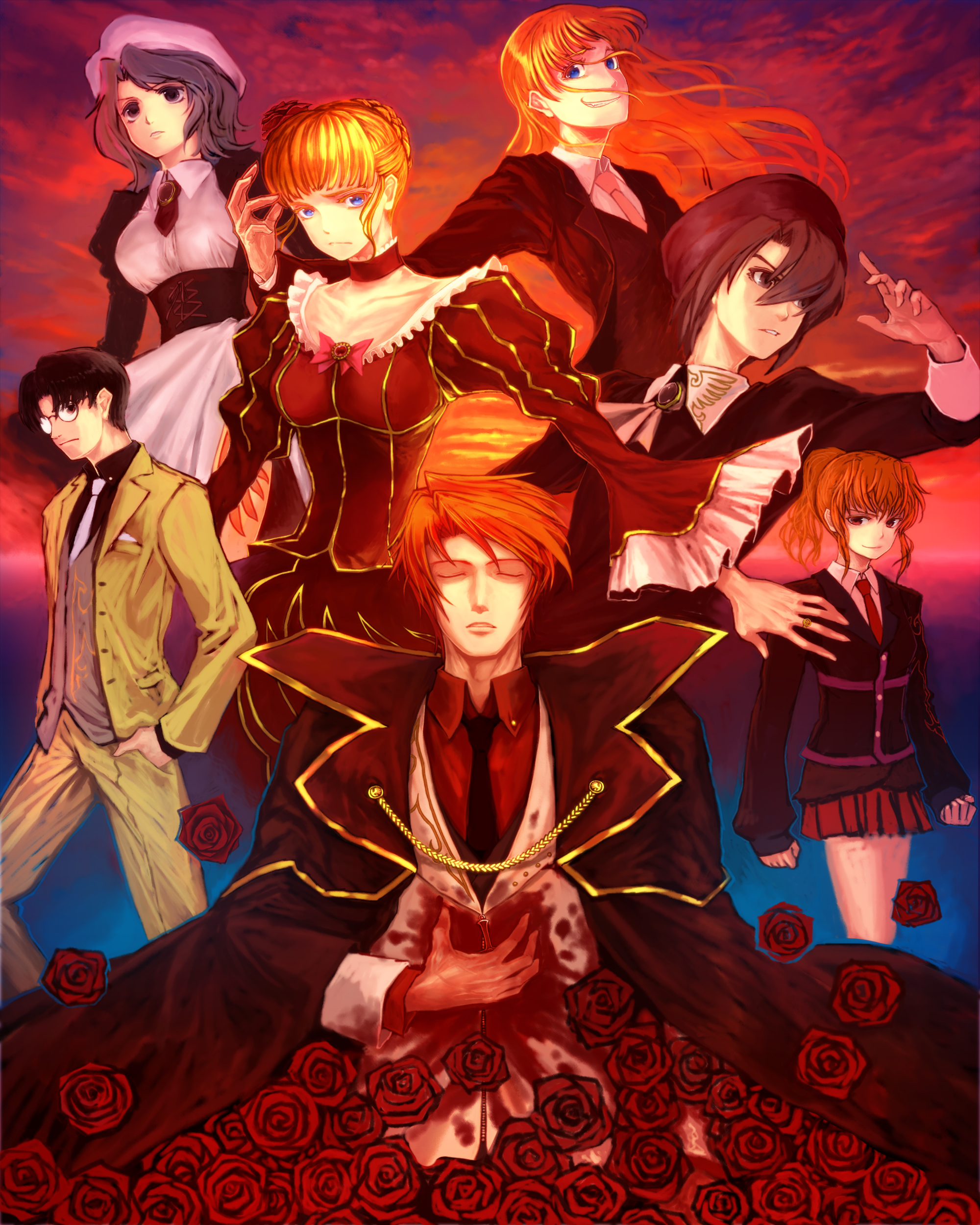 lain, beatrice (umineko), kanon (umineko), shannon (umineko), ushiromiya battler, ushiromiya george, ushiromiya jessica, umineko no naku koro ni, absurdres, highres, 00s, 3boys, 4girls, black hair, blonde hair, blood, blue eyes, cape, closed eyes, dress, flower, formal clothes, maid, multiple boys, multiple girls, necktie, rose, skirt, smile, suit