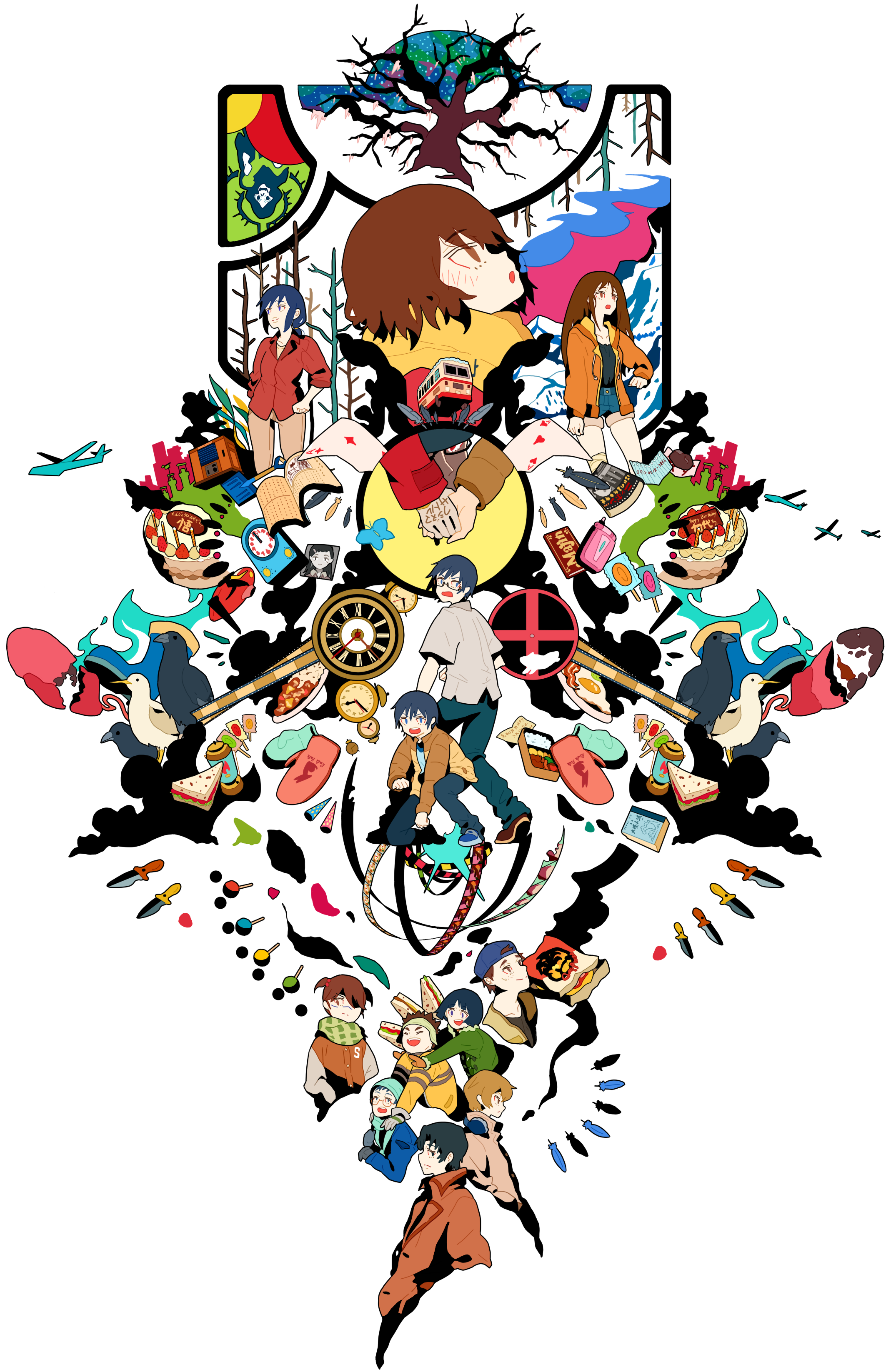 rekka (drm0008), fujinuma sachiko, fujinuma satoru, hinazuki kayo, katagiri airi, kazu (boku dake ga inai machi), kobayashi kenya, osamu (boku dake ga inai machi), shiratori jun, sugita hiromi, yanagihara misato, yashiro gaku, boku dake ga inai machi, absurdres, highres, 4girls, 6+boys, ace (playing card), ace of diamonds, ace of hearts, bare tree, bird, birthday cake, blue hair, blue mittens, blue pants, book, boots, brown eyes, brown hair, brown jacket, cake, candy, card, cellphone, clock, curry, diamond (shape), dual persona, egg (food), feathers, flip phone, food, glasses, heart, holding hands, jacket, knife, lollipop, looking up, lunchbox, mask, mittens, multiple boys, multiple girls, open mouth, pants, phone, pink mittens, playing card, rectangular eyewear, red eyes, red shirt, roman numeral, sandwich, scarf, seagull, shirt, short hair, shovel, thick lips, thighhighs, toy airplane, tree, white thighhighs, yellow scarf