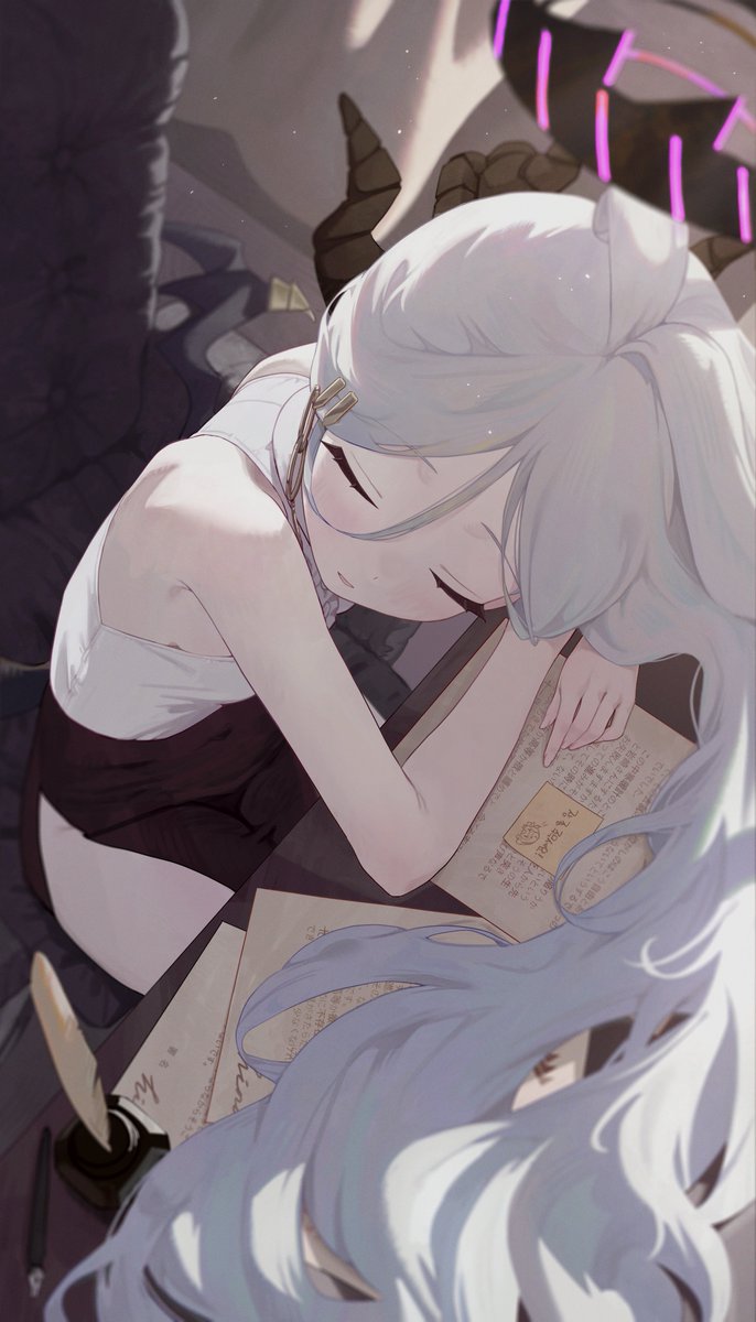 yona (yoroyoro), hina (blue archive), blue archive, commentary request, highres, 1girl, ahoge, black halo, black skirt, breasts, closed eyes, demon girl, demon horns, demon wings, desk, halo, horns, indoors, long hair, low wings, open mouth, sitting, skirt, small breasts, solo, very long hair, white hair, wings