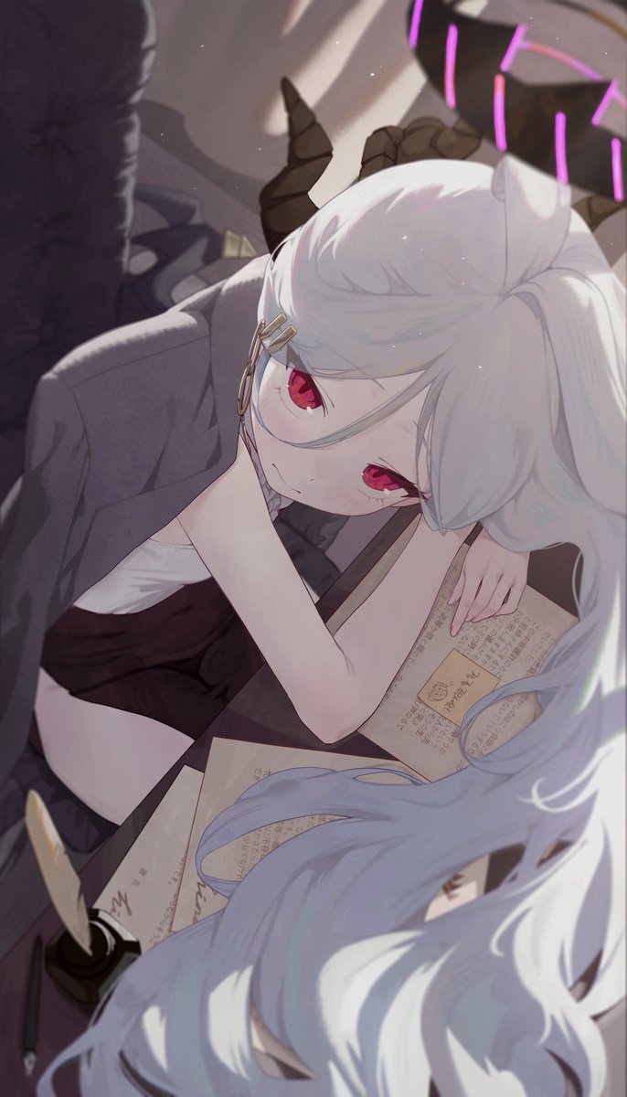 yona (yoroyoro), hina (blue archive), blue archive, commentary request, highres, 1girl, ahoge, black halo, black skirt, breasts, demon girl, demon horns, demon wings, desk, halo, horns, indoors, jacket, long hair, looking at viewer, low wings, purple eyes, skirt, small breasts, solo, very long hair, white hair, wings