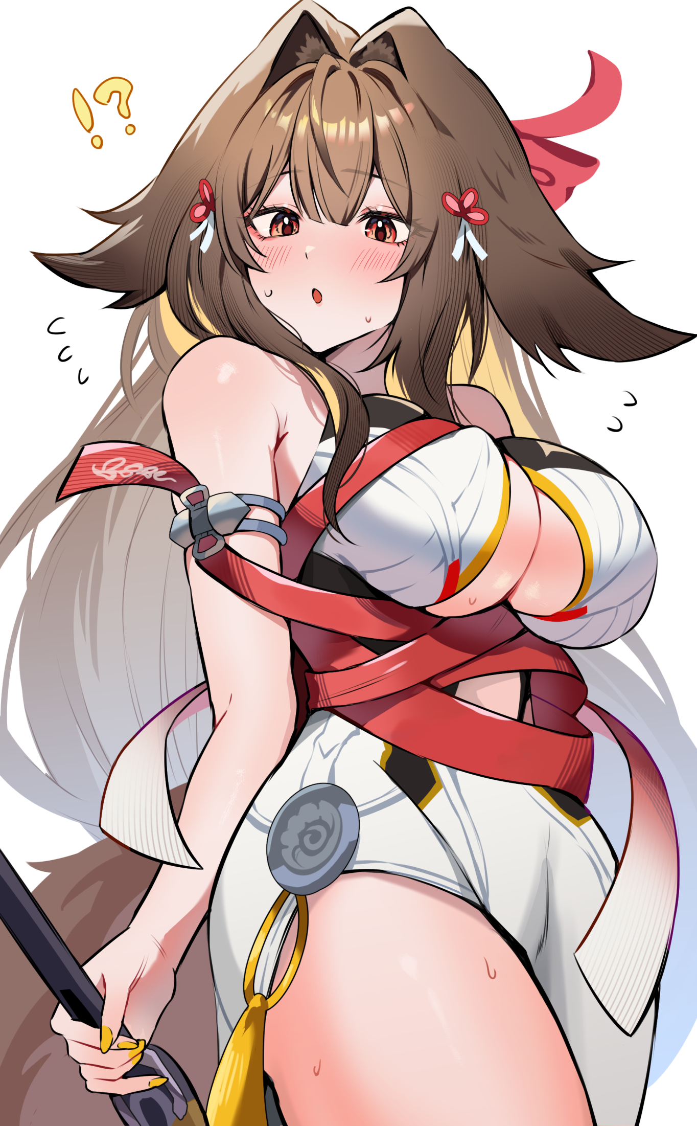 enipa 28, ye shunguang, zenless zone zero, commentary request, highres, !?, 1girl, :o, armpit crease, bare shoulders, bound, breasts, brown hair, cleavage, dress, fingernails, large breasts, long hair, nail polish, red eyes, simple background, sweat, thighs, white background, white dress, yellow nails