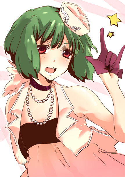 hatsuko, ranka lee, macross, macross frontier, bad id, bad pixiv id, 00s, 1girl, bare shoulders, dress, female focus, gloves, green hair, hat, jacket, jewelry, m/, necklace, red eyes, short hair, sleeveless, solo, star (symbol)