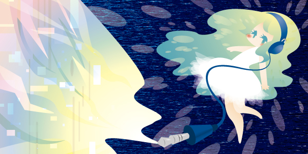 ame (amefuri), tagme, dress, green hair, headphones, long hair, solo, white dress