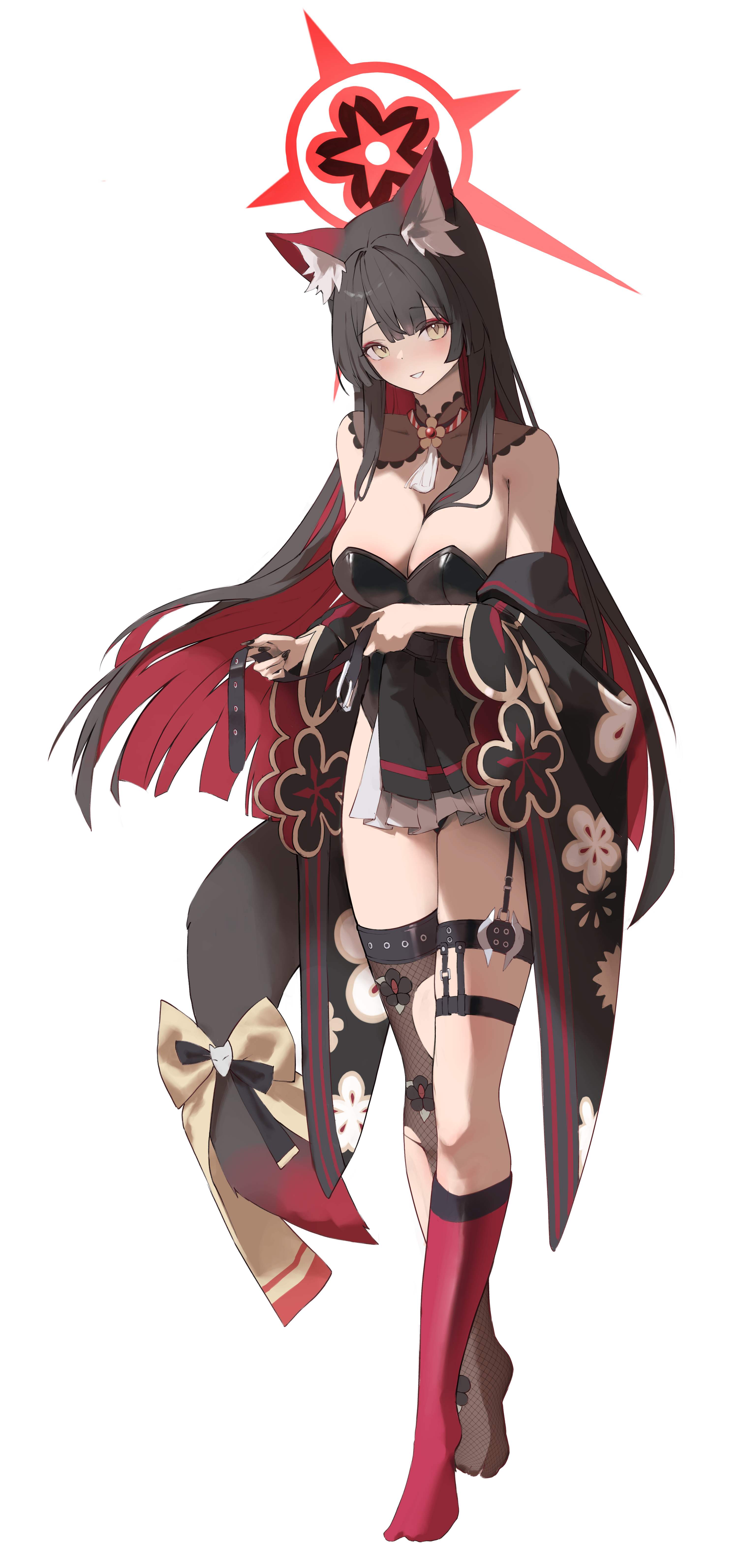 vam (js vam), wakamo (blue archive), blue archive, absurdres, commentary request, highres, korean commentary, 1girl, animal ear fluff, animal ears, black hair, black kimono, black leotard, black skirt, black thighhighs, blunt ends, blush, breasts, cleavage, colored inner hair, floral print, floral print kimono, fox ears, fox girl, fox tail, halo, japanese clothes, kimono, kneehighs, large breasts, leotard, looking at viewer, multicolored hair, open clothes, open kimono, parted lips, pink socks, pleated skirt, print kimono, red hair, red halo, single kneehigh, single sock, single thighhigh, skirt, smile, socks, solo, tail, thigh strap, thighhighs, torn clothes, torn thighhighs, two-tone hair, yellow eyes