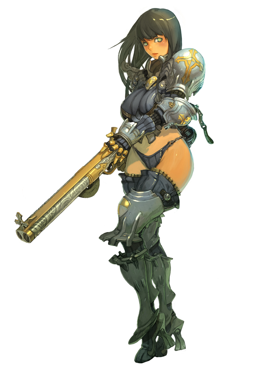 weltol, original, highres, 1girl, armor, bikini armor, black hair, boots, female focus, greaves, green eyes, gun, high heels, long hair, shoes, shotgun, solo, thigh boots, thighhighs, weapon