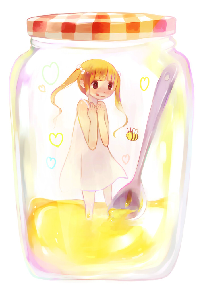 tamayo, original, 1girl, :q, bee, blonde hair, bug, dress, female focus, hair bobbles, hair ornament, heart, honey, in container, insect, jar, mini person, minigirl, see-through clothes, solo, spoon, sundress, tongue, tongue out, twintails, white dress