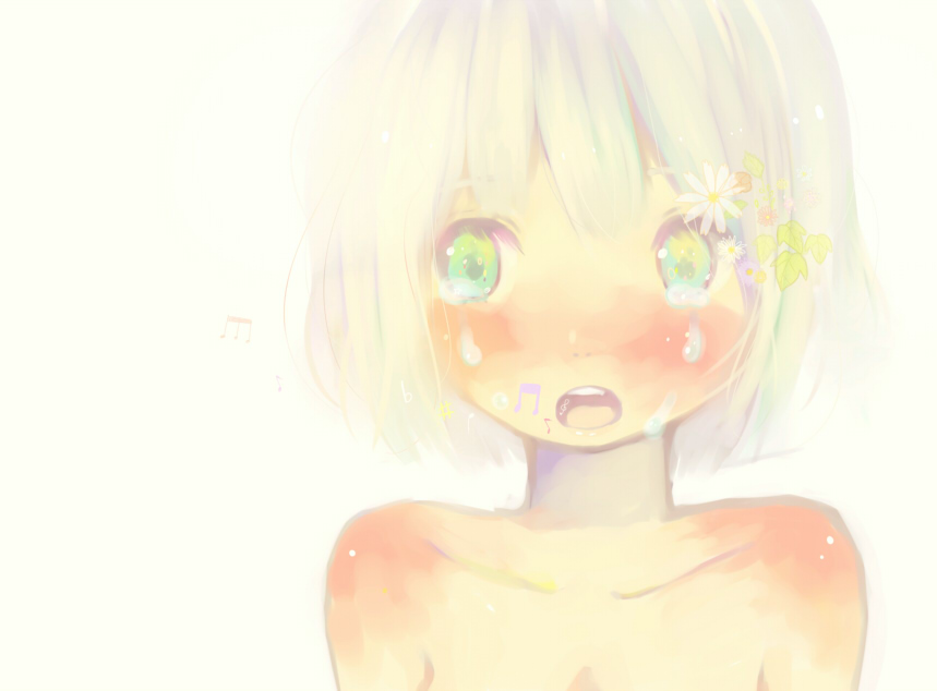 tamayo, traditional media, 1girl, daisy (flower), female focus, flower, green eyes, loli, music, musical note, open mouth, pastels, portrait, singing, solo, tears, topless female, white hair