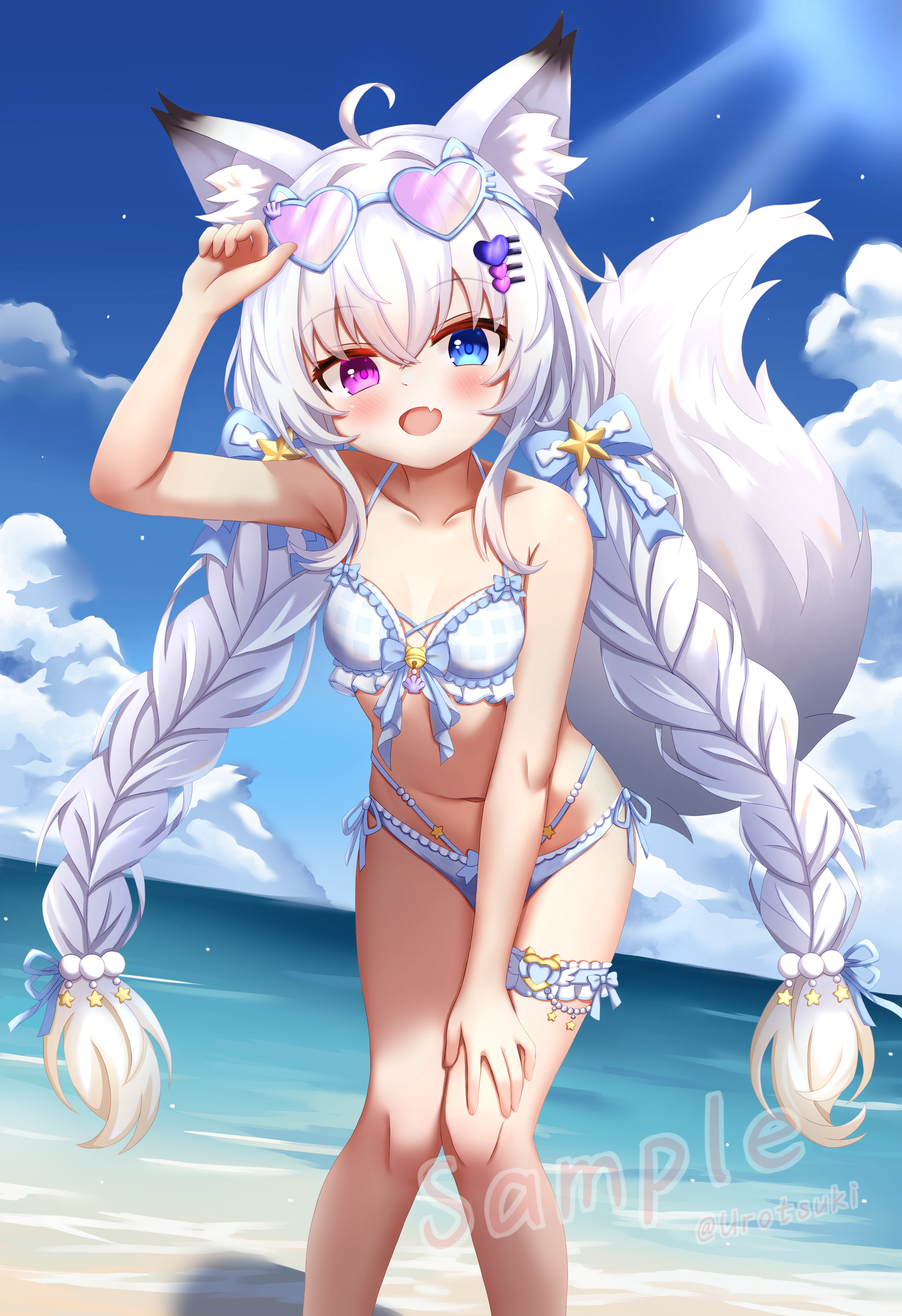 urotsuki (uro30), original, absurdres, chinese commentary, commentary request, highres, 1girl, :d, ahoge, animal ear fluff, animal ears, artist name, beach, bikini, blue-framed eyewear, blue bikini, blue eyes, blue sky, braid, breasts, cloud, collarbone, day, eyewear on head, fang, feet out of frame, fox ears, fox girl, fox tail, frilled bikini, frilled thigh strap, frills, hair ornament, heart, heart-shaped eyewear, heterochromia, knees together feet apart, leaning forward, long hair, looking at viewer, navel, ocean, open mouth, outdoors, purple eyes, sample watermark, skin fang, sky, small breasts, smile, solo, standing, sunglasses, swimsuit, tail, thigh strap, twin braids, twitter username, very long hair, watermark, white bikini, white hair