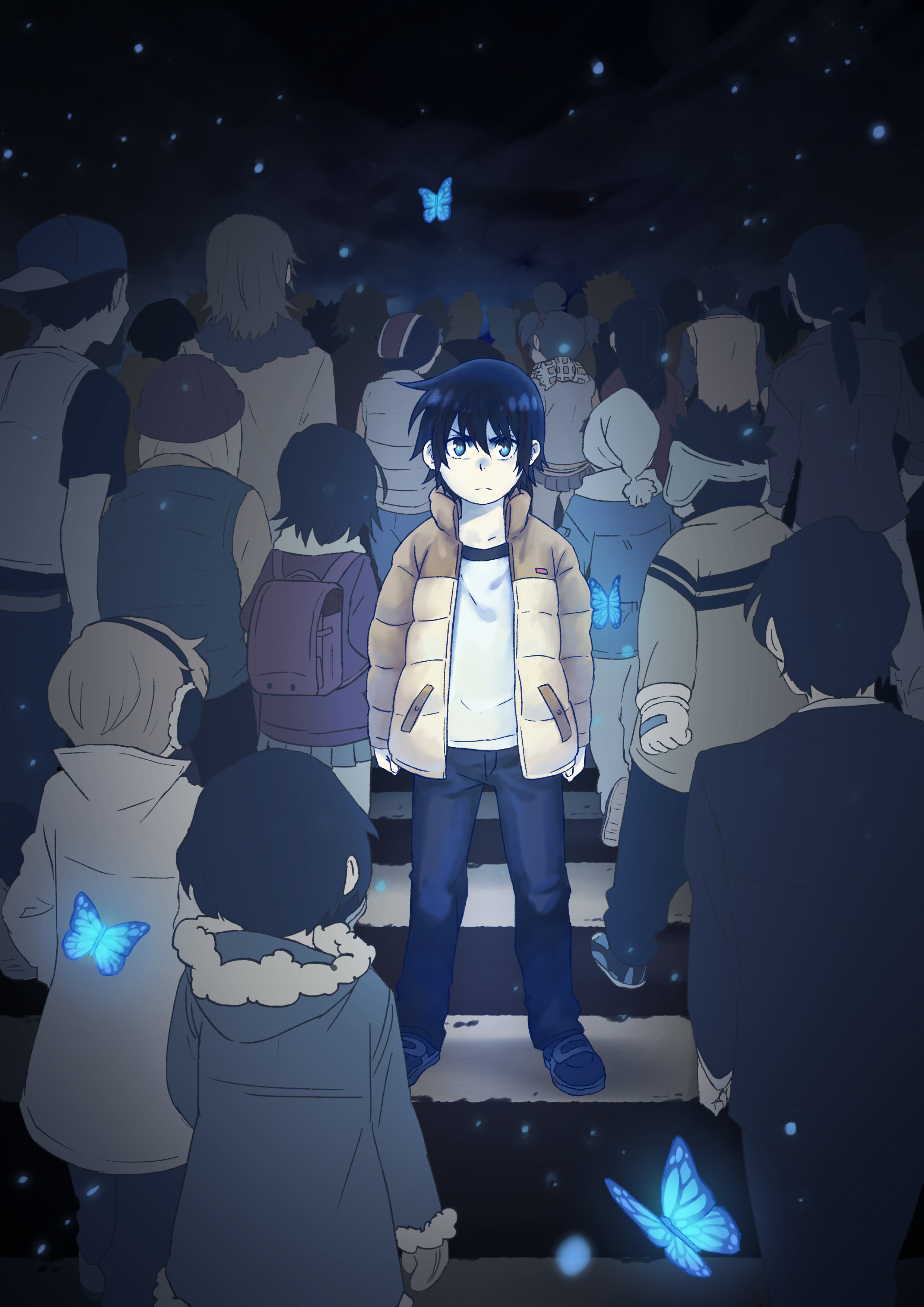 kibstar, fujinuma sachiko, fujinuma satoru, hinazuki kayo, katagiri airi, kazu (boku dake ga inai machi), kobayashi kenya, nakanishi aya, osamu (boku dake ga inai machi), shiratori jun, sugita hiromi, yanagihara misato, yashiro gaku, boku dake ga inai machi, absurdres, commentary, english commentary, highres, 3girls, 6+boys, backpack, backwards hat, bag, beanie, blue butterfly, bug, butterfly, closed mouth, crosswalk, crowd, earmuffs, expressionless, gloves, hair between eyes, hair bobbles, hair ornament, hat, hood, hood down, insect, jacket, long sleeves, multiple boys, multiple girls, night, pants, ponytail, randoseru, shirt, short hair