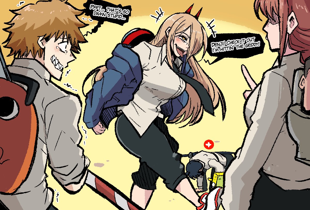 mark gavatino, denji (chainsaw man), hayakawa aki, makima (chainsaw man), pochita (chainsaw man), power (chainsaw man), skibidi toilet (character), spongebob squarepants, chainsaw man, fortnite, spongebob squarepants (series), commentary, english commentary, 1other, 2girls, 3boys, breasts, candy, candy cane, crawling, demon horns, english text, food, horns, jacket, large breasts, long hair, long sleeves, multiple boys, multiple girls, necktie, open mouth, sharp teeth, short hair, speech bubble, teeth, toilet, tongue, tongue out