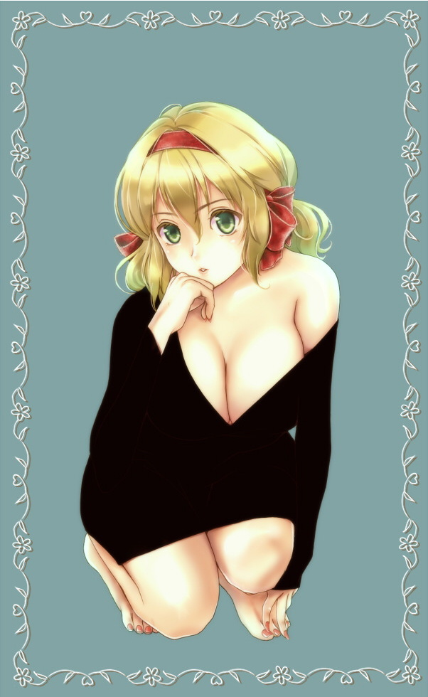 hiromu, hiromu (artist), hiromu ps, belgium (hetalia), axis powers hetalia, bad id, bad pixiv id, 00s, 1girl, barefoot, blonde hair, bottomless, breasts, cleavage, dress, female focus, green eyes, hair ribbon, hands on feet, large breasts, long sleeves, naked sweater, no pants, off shoulder, parted lips, ribbon, solo, squatting, sweater, sweater dress