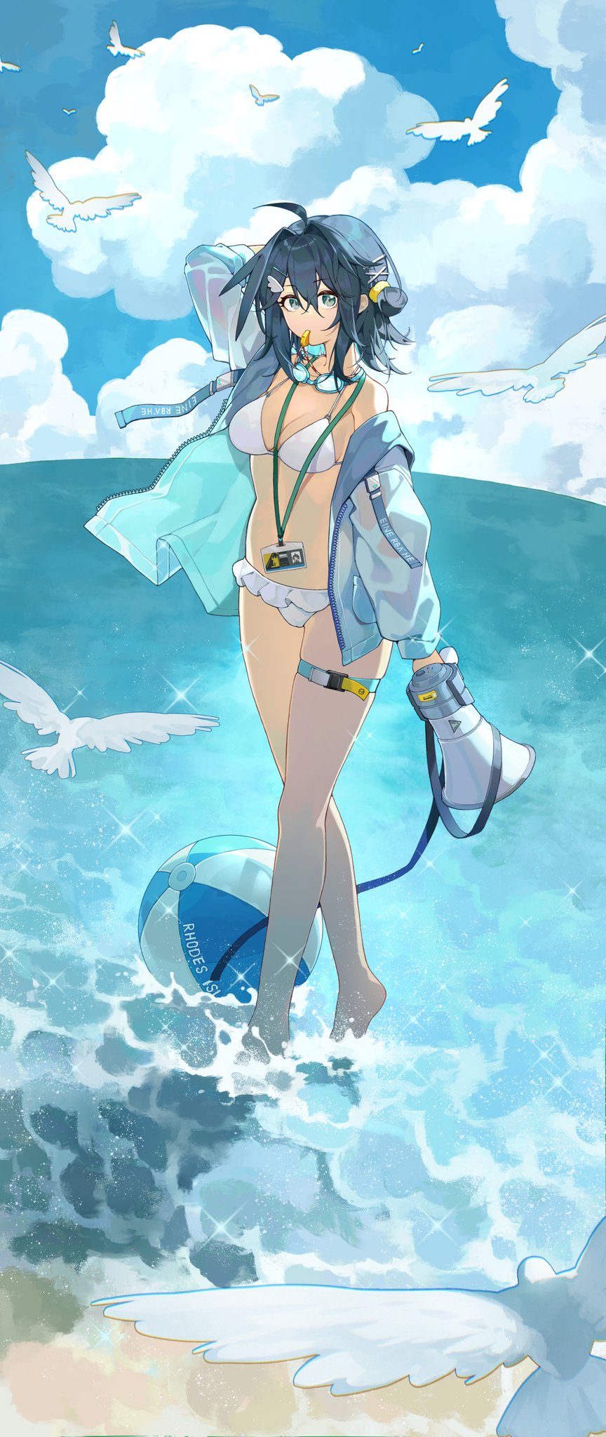 lingyu ovo, la pluma (arknights), la pluma (summer flowers) (arknights), arknights, commentary request, highres, 1girl, ahoge, arm behind head, arm up, ball, beachball, bikini, bird, black hair, breasts, cleavage, cloud, crossed legs, frilled bikini, frills, full body, goggles, hair ornament, hairclip, horn speaker, jacket, jacket over swimsuit, long sleeves, looking at viewer, medium breasts, navel, off shoulder, official alternate costume, open clothes, open jacket, outdoors, short hair, soaking feet, solo, speaker, standing, swimsuit, thigh strap, whistle, white bikini