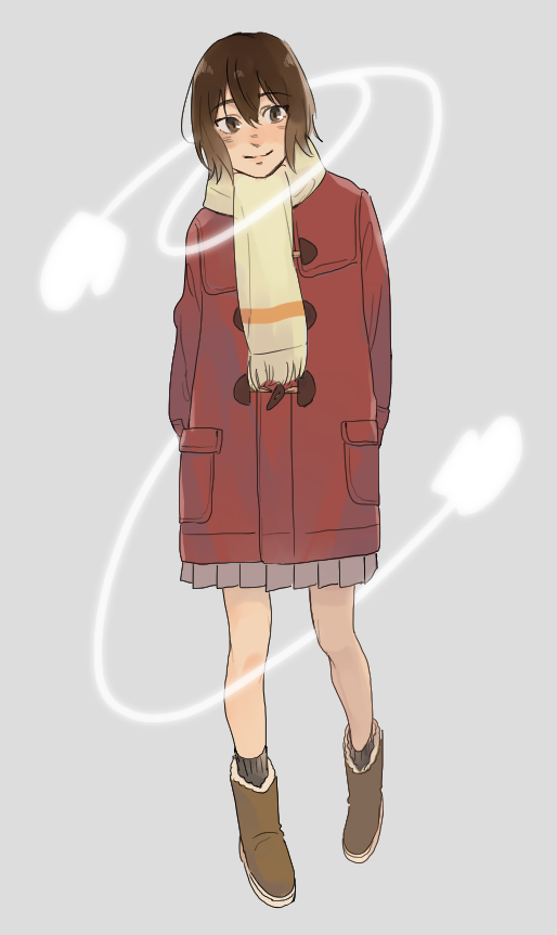 hinazuki kayo, boku dake ga inai machi, commentary request, 1girl, arms behind back, boots, brown boots, brown eyes, brown hair, coat, full body, grey background, grey skirt, kgur n, looking at viewer, pleated skirt, red coat, scarf, short hair, simple background, skirt, smile, solo, yellow scarf