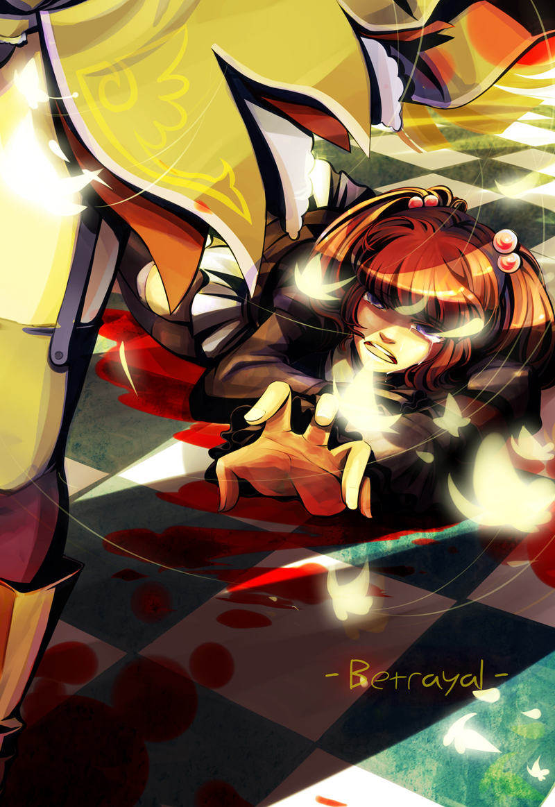 red13, mammon (umineko), stakes of purgatory, ushiromiya ange, umineko no naku koro ni, 00s, blood, blue eyes, bug, butterfly, hair bobbles, hair ornament, red hair, tears, thighhighs