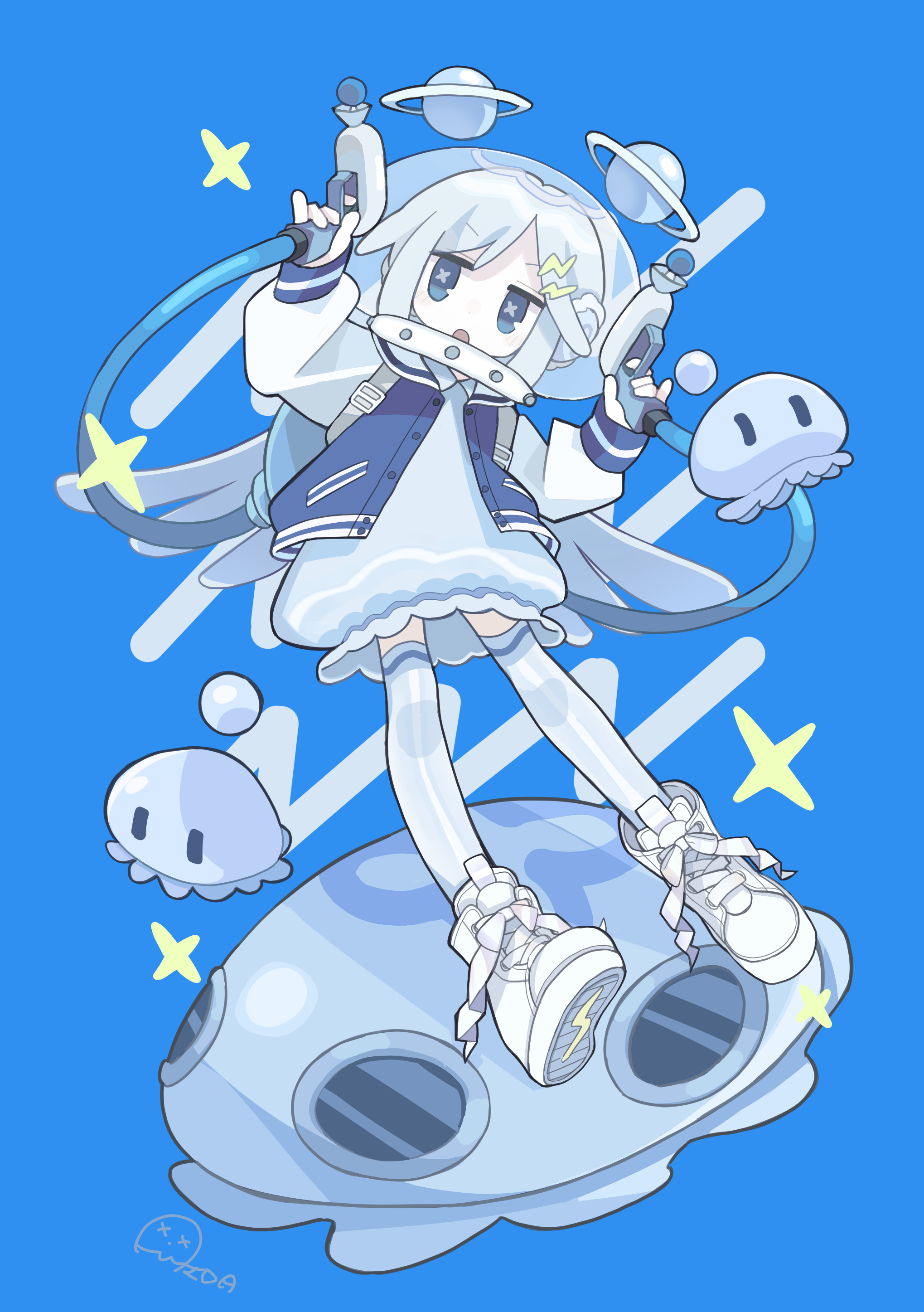 aida (aidia), original, absurdres, commentary request, highres, 1girl, alien, artist name, blue background, blue eyes, blue jacket, dress, dual wielding, fishbowl helmet, flying saucer, full body, grey dress, grey hair, grey thighhighs, hair ornament, hairclip, helmet, holding, holding weapon, jacket, jitome, letterman jacket, lightning bolt, lightning bolt hair ornament, lightning bolt symbol, long hair, long sleeves, looking at viewer, open mouth, pinky out, retrofuturism, shoes, simple background, sneakers, solo, space helmet, spacecraft, sparkle, symbol-shaped pupils, thighhighs, weapon, white shoes, x-shaped pupils