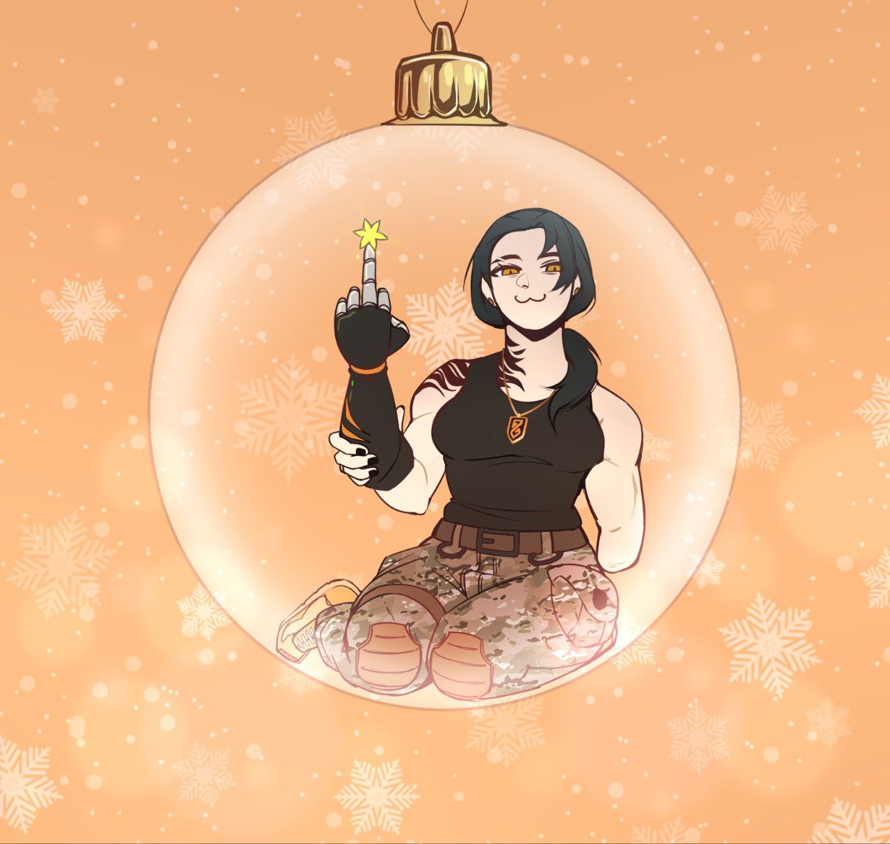 hanna kovalchuk, original, highres, 1girl, :3, amputee, anichiva, arm tattoo, armless amputee, biceps, black nails, breasts, camouflage, camouflage pants, christmas, christmas lights, christmas ornaments, earrings, encasement, fingernails, grin, hand on own arm, holding, jewelry, looking at viewer, low ponytail, mechanical arms, medium hair, middle finger, muscular, muscular female, neck tattoo, new year, orange eyes, pants, ponytail, prosthesis, prosthetic arm, russo-ukrainian war, seiza, single mechanical arm, sitting, smile, snowflakes, snowing, soldier, solo, tattoo, woodland camouflage