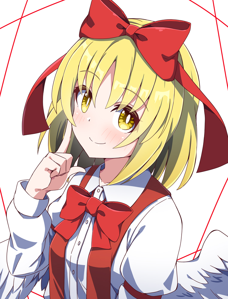 hiro (pqtks113), gengetsu (touhou), touhou, touhou (pc-98), commentary, 1girl, angel wings, blonde hair, blush, bow, bowtie, closed mouth, collared shirt, feathered wings, hair bow, long sleeves, looking at viewer, open clothes, open vest, red bow, red bowtie, red vest, shirt, smile, vest, white shirt, white wings, wings, yellow eyes