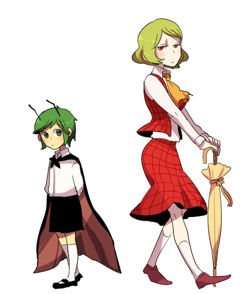 yoshio (440), yoshio (artist), kazami yuuka, wriggle nightbug, touhou, bad id, bad pixiv id, 2girls, antennae, arms behind back, ascot, cape, closed umbrella, female focus, flower, green eyes, green hair, multiple girls, plaid clothes, plaid skirt, plaid vest, red eyes, short hair, simple background, skirt, skirt set, umbrella, vest, white background